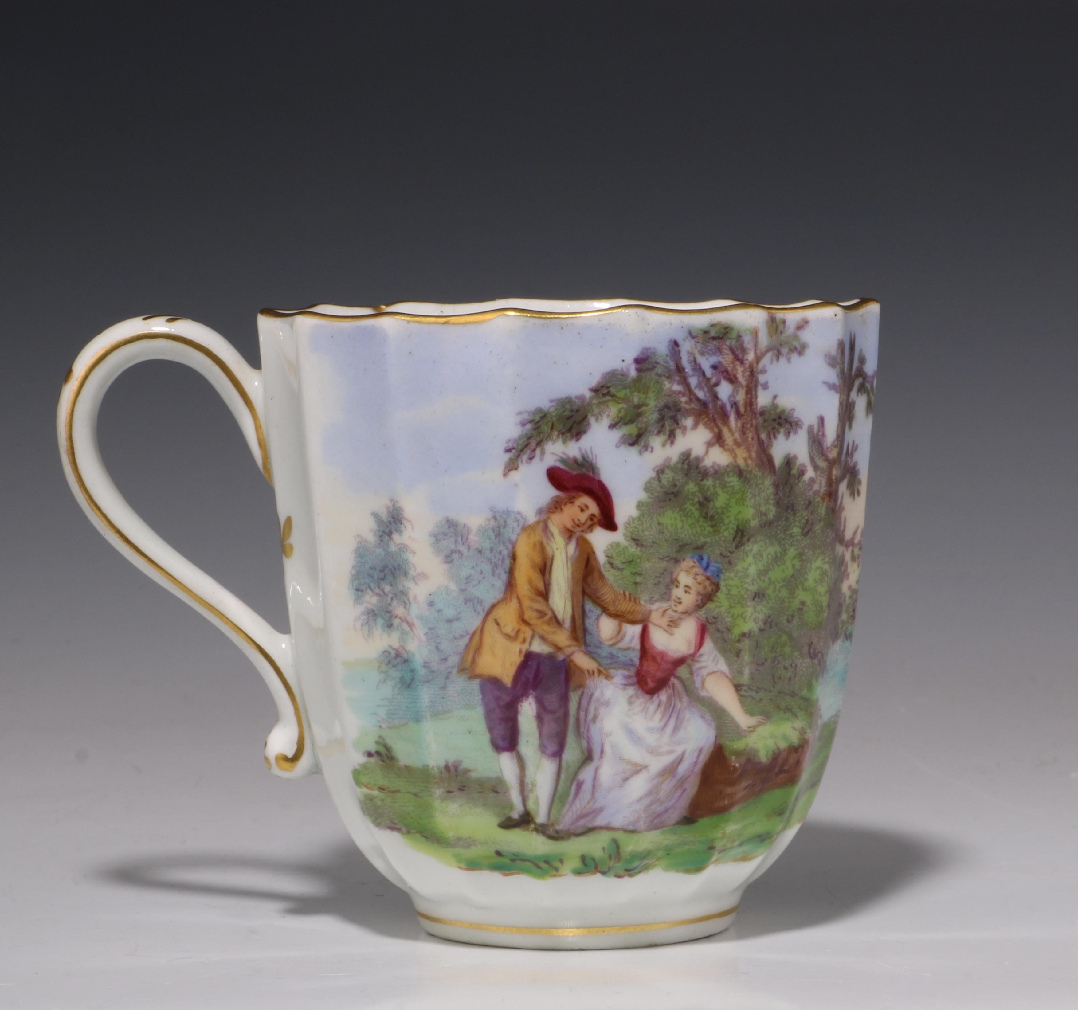 Late 18th Century English Worcester Onglaze Printed and Enamelled Cup and Saucer, circa 1770 For Sale