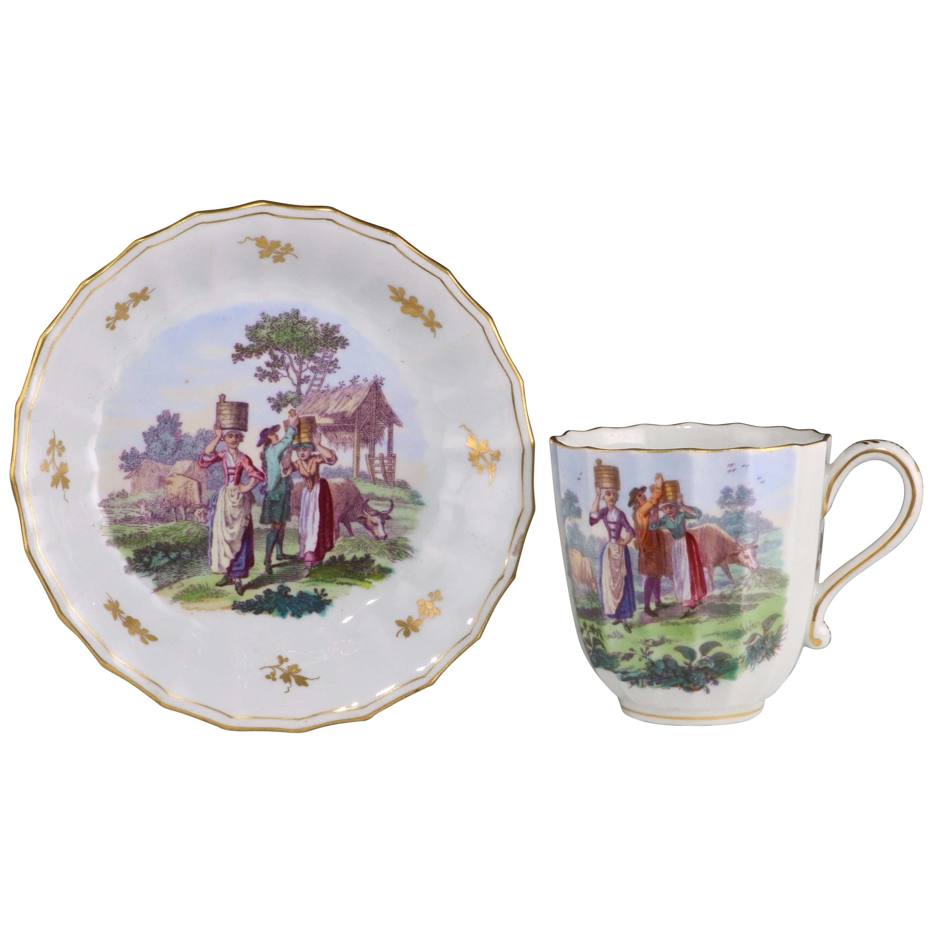 English Worcester Onglaze Printed and Enamelled Cup and Saucer, circa 1770 For Sale