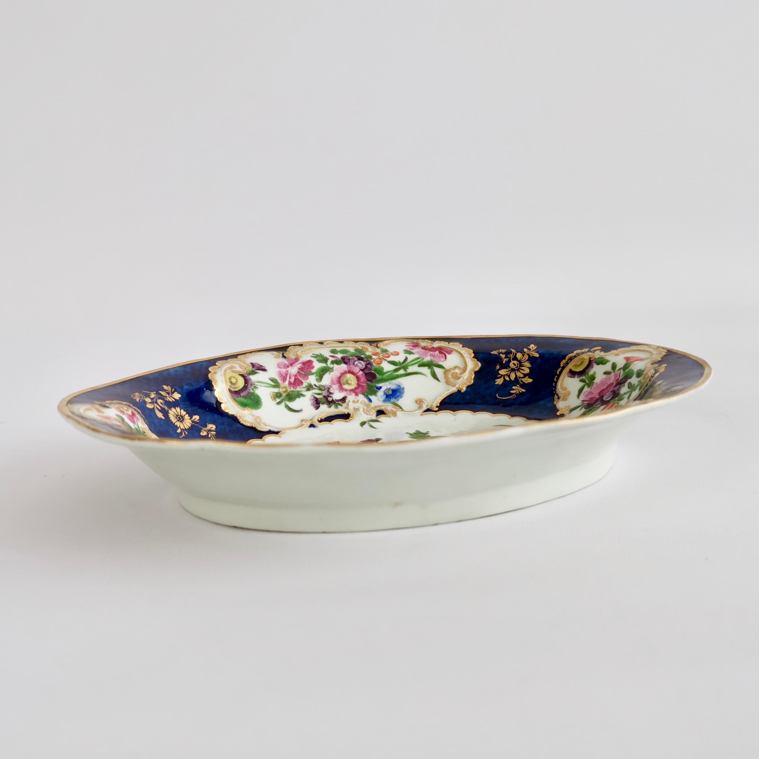 Worcester Oval Dish, Blue Scale with Flower Reserves, 19th Century, 1765-1770 2