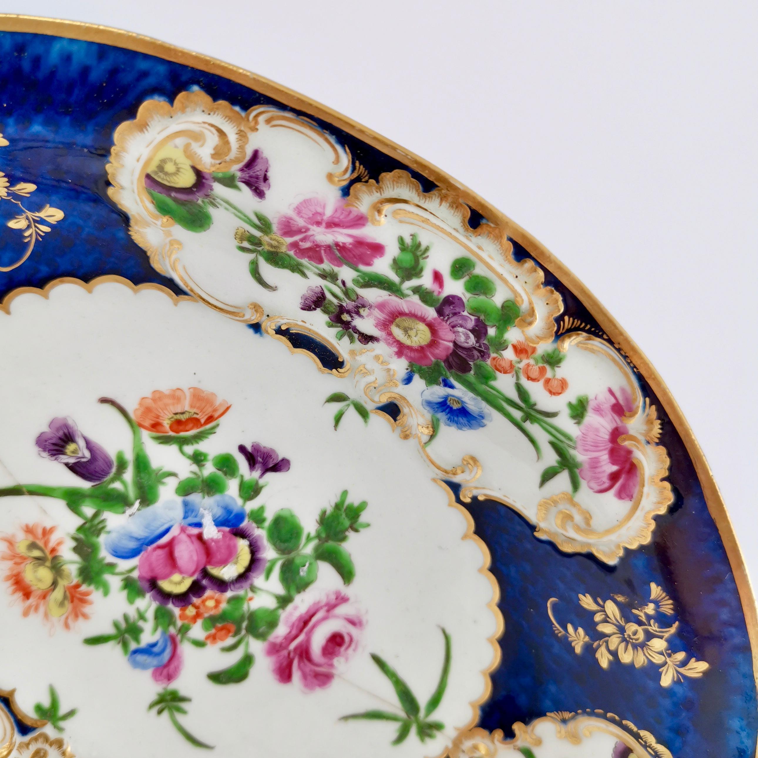 English Worcester Oval Dish, Blue Scale with Flower Reserves, 19th Century, 1765-1770