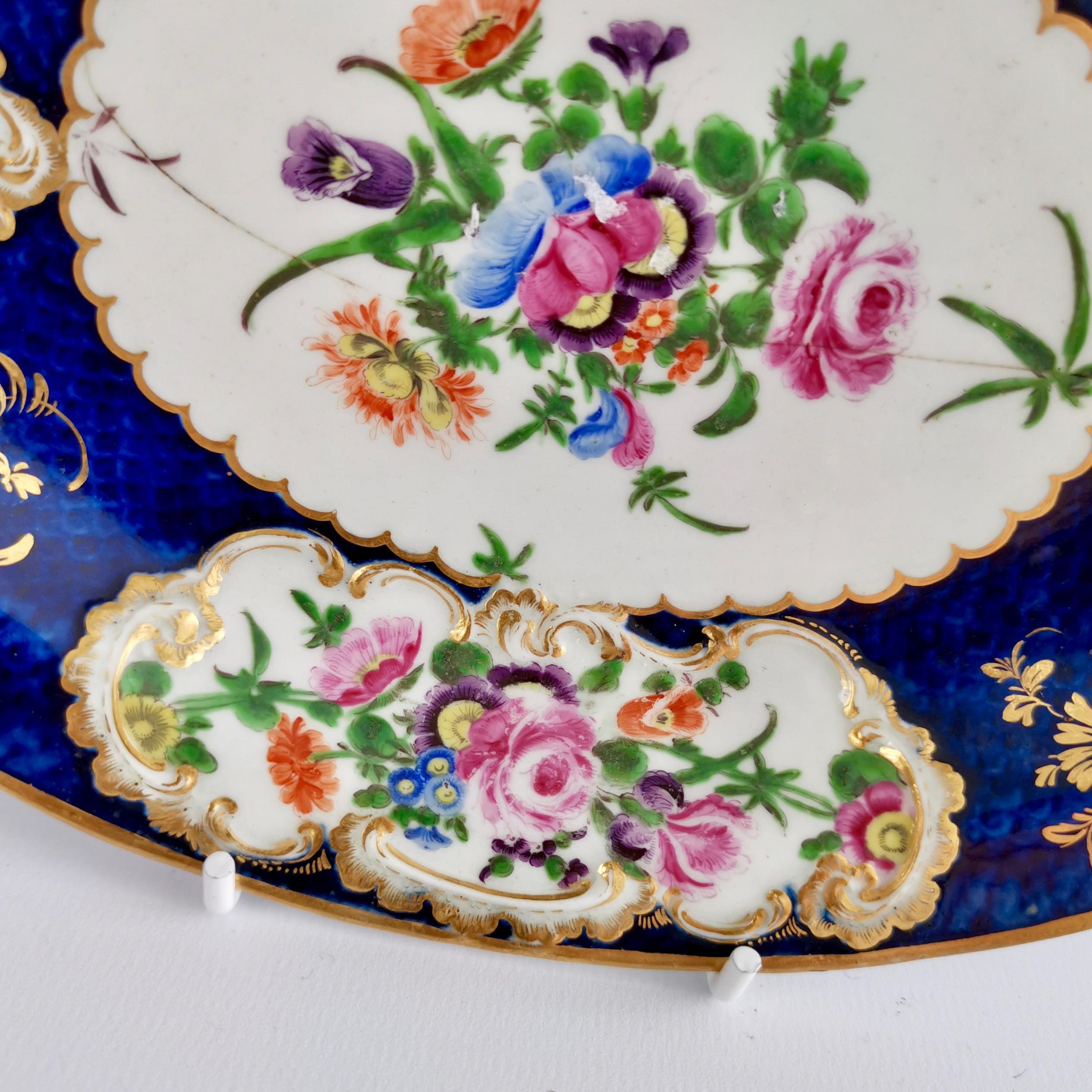 Mid-18th Century Worcester Oval Dish, Blue Scale with Flower Reserves, 19th Century, 1765-1770