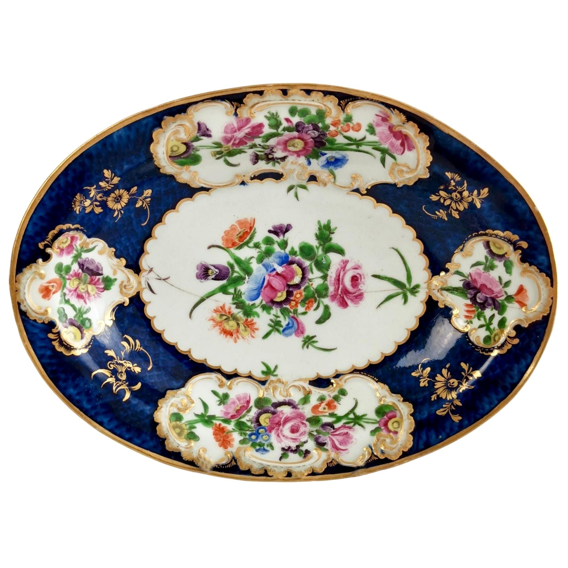 Worcester Oval Dish, Blue Scale with Flower Reserves, 19th Century, 1765-1770