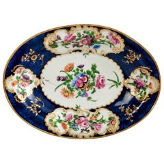 Worcester Oval Dish, Blue Scale with Flower Reserves, 19th Century, 1765-1770