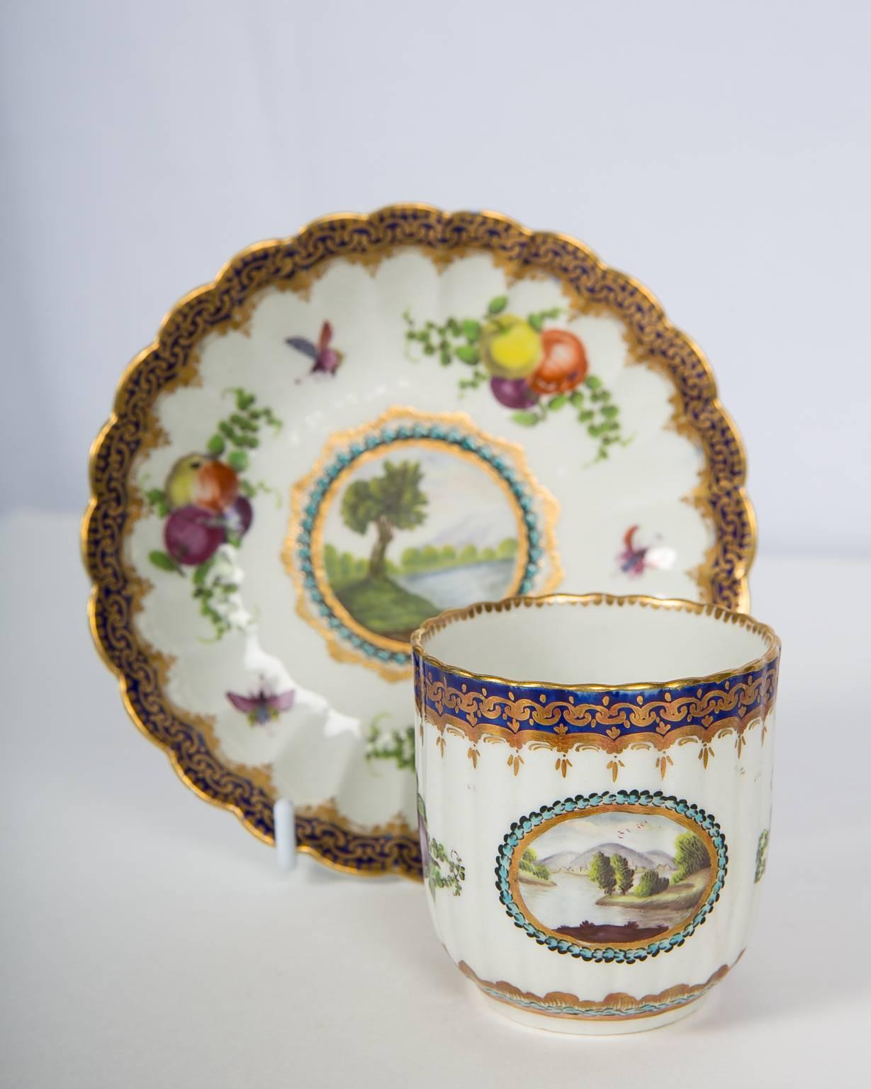 Pair First Period Worcester Porcelain Cups and Saucers England Circa 1772 4