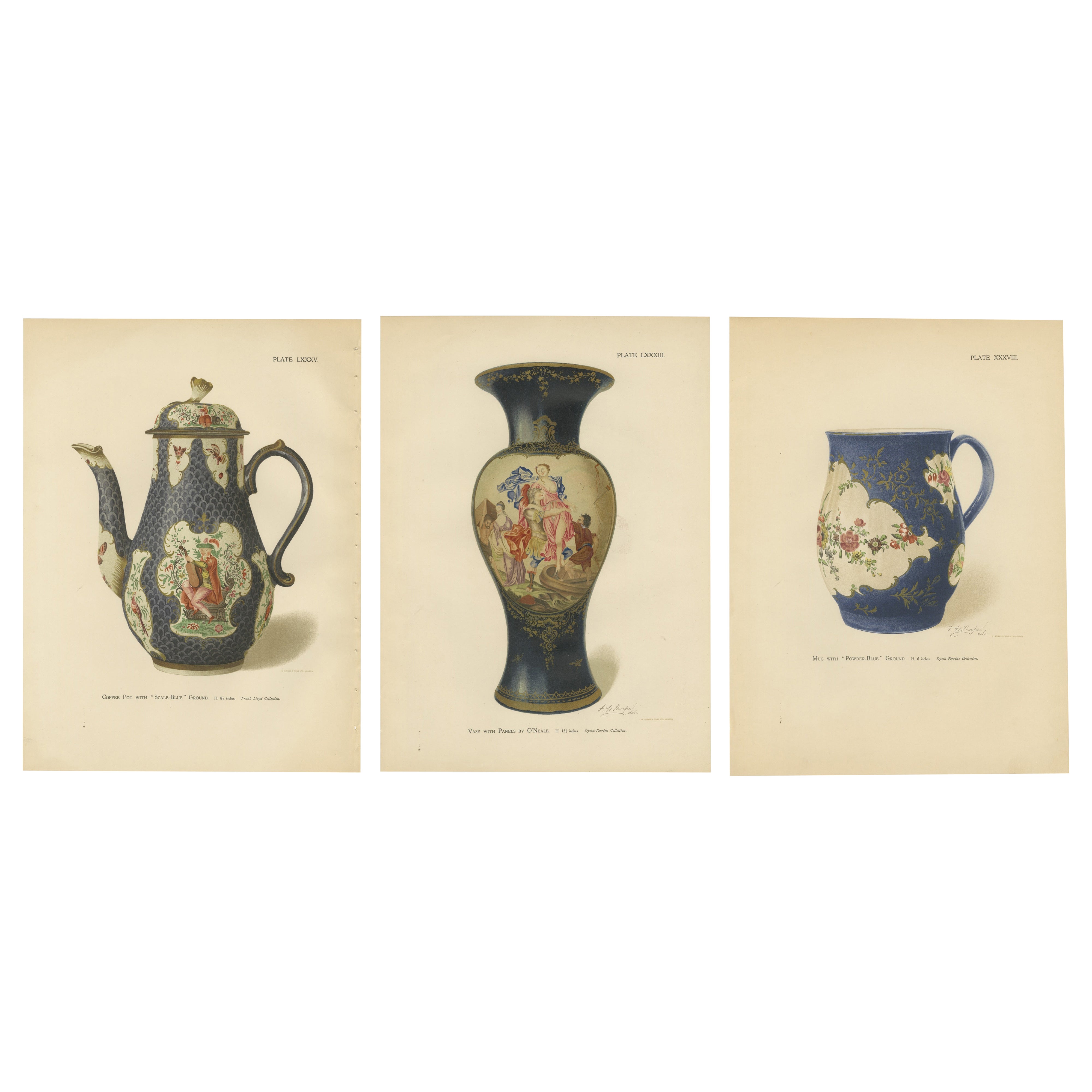 Worcester Porcelain Blue-Ground Designs, Vase, Coffee Pot 
Mug, 1910