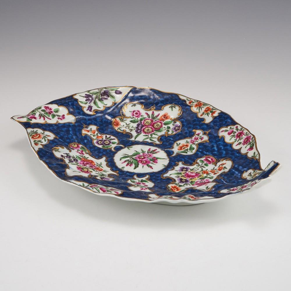 George III Worcester Porcelain Blue Scale Leaf Dish, c1775 For Sale