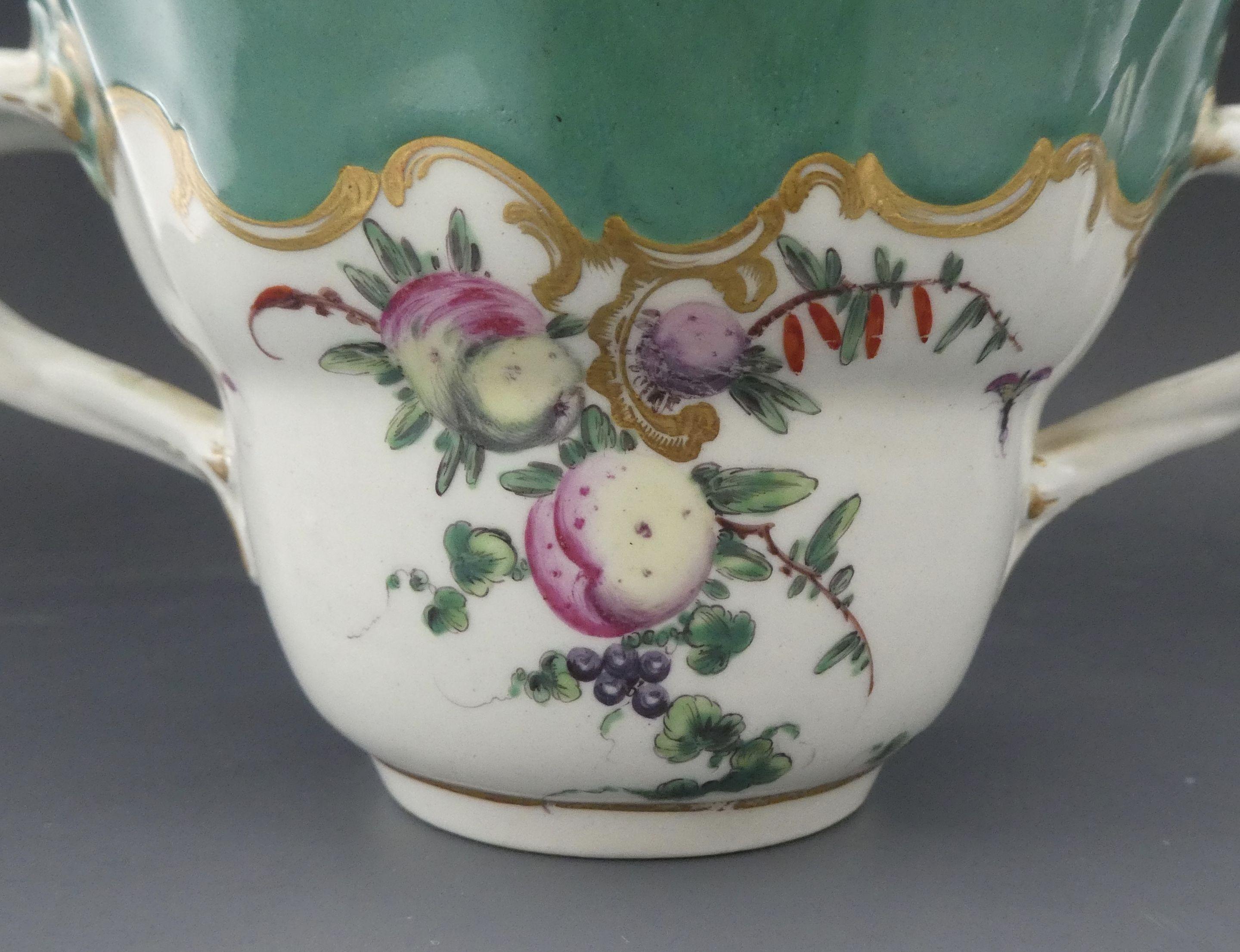 Late 18th Century Worcester Porcelain Chocolate Cup and Saucer, ‘Spotted Fruit’ Painter