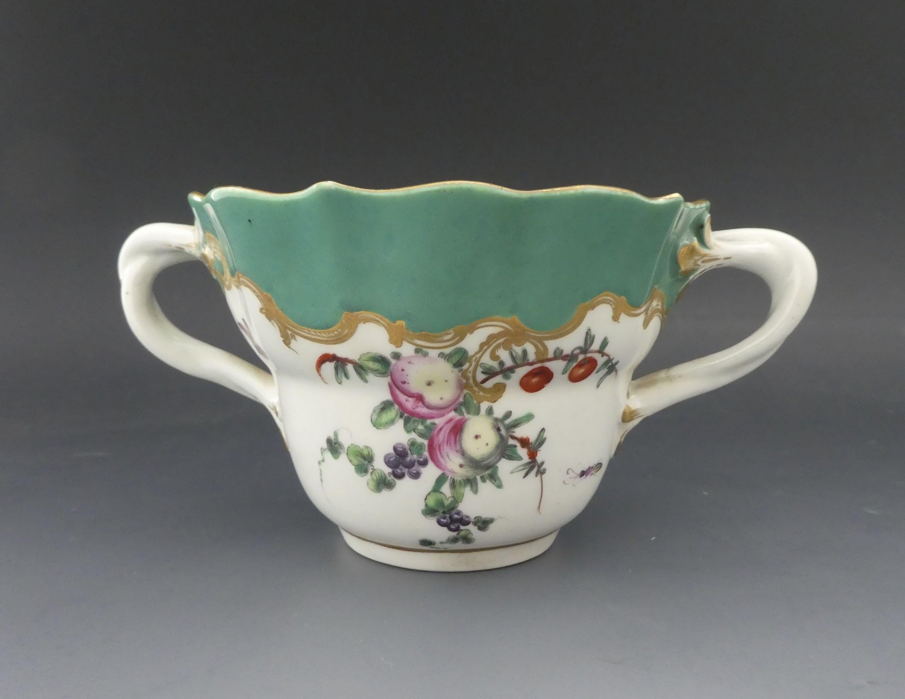 Worcester Porcelain Chocolate Cup and Saucer, ‘Spotted Fruit’ Painter 1