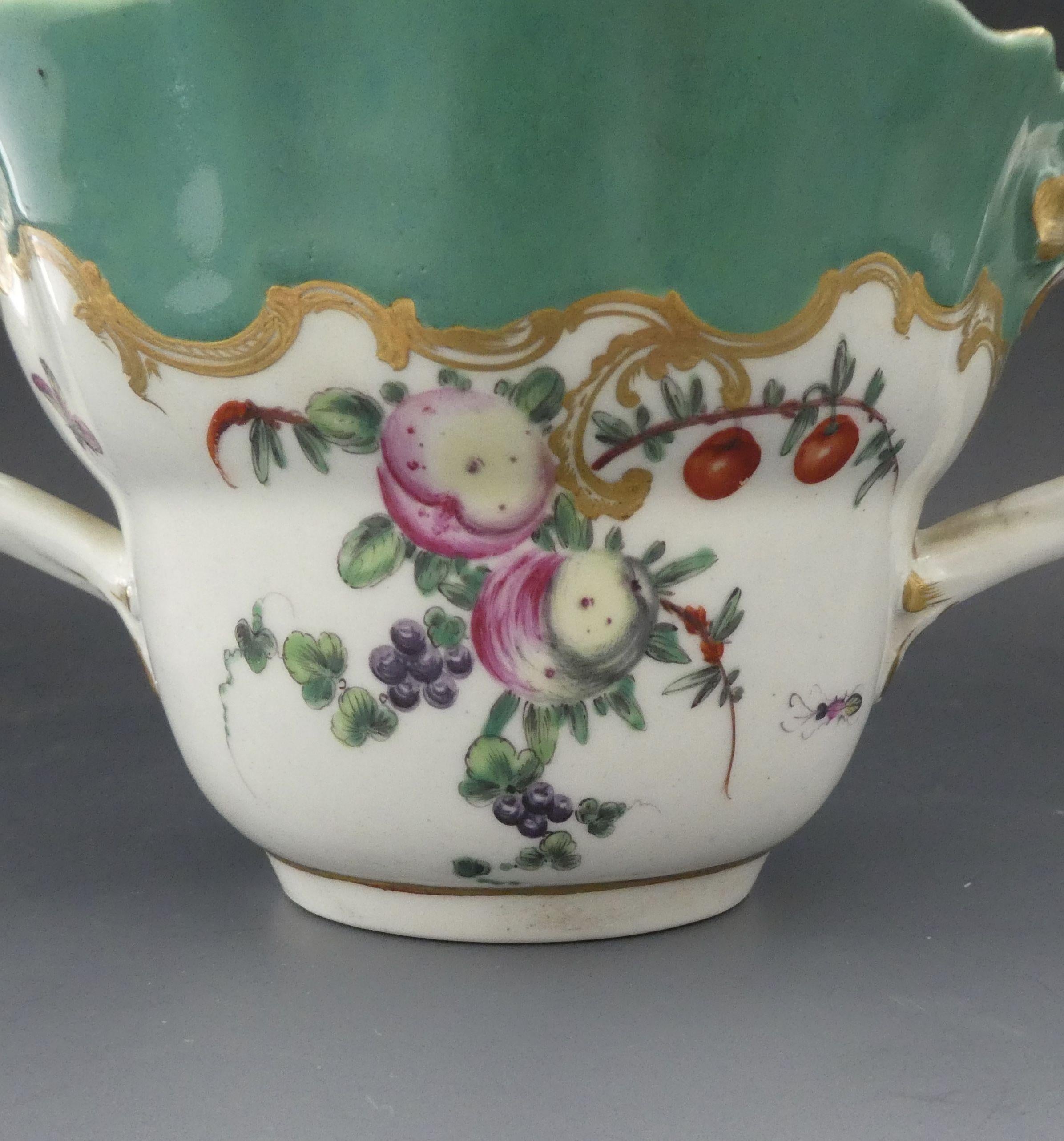 Worcester Porcelain Chocolate Cup and Saucer, ‘Spotted Fruit’ Painter 2