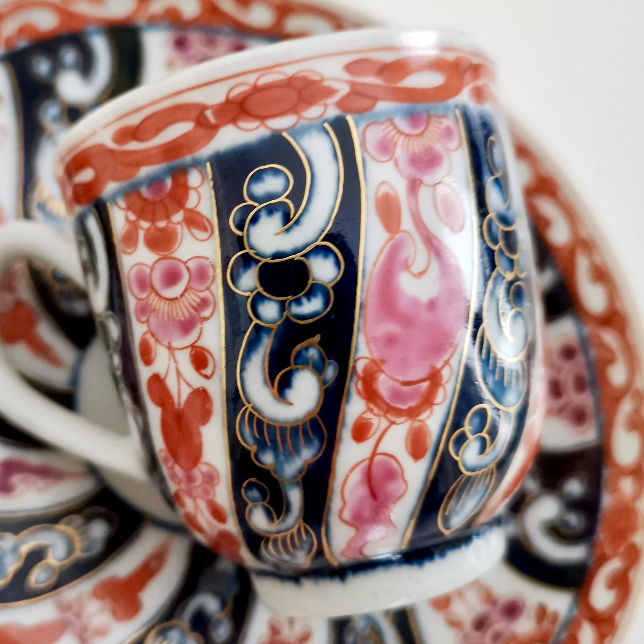 Hand-Painted Worcester Porcelain Coffee Cup, Queen Charlotte Pattern, Red and Blue, ca 1770