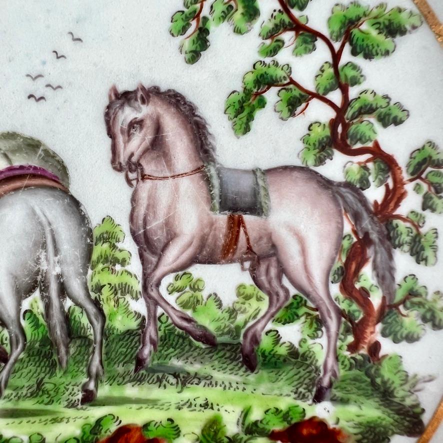 Hand-Painted Worcester Porcelain Deep Plate, Aesop Fable Horse and Donkey, ca 1780 For Sale