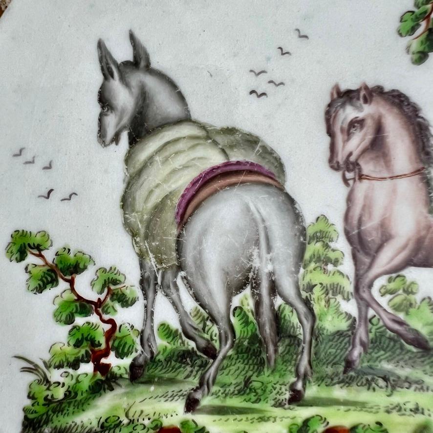 Worcester Porcelain Deep Plate, Aesop Fable Horse and Donkey, ca 1780 In Good Condition For Sale In London, GB