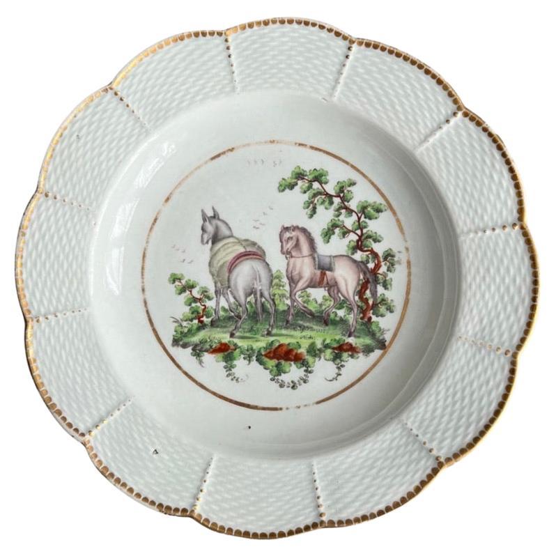 Worcester Porcelain Deep Plate, Aesop Fable Horse and Donkey, ca 1780 For Sale