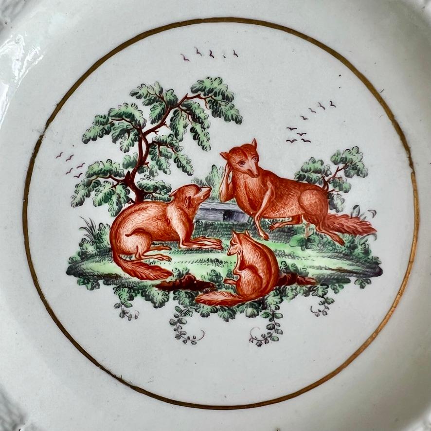 English Worcester Porcelain Deep Plate, Aesop Fable Three Foxes, ca 1780 For Sale