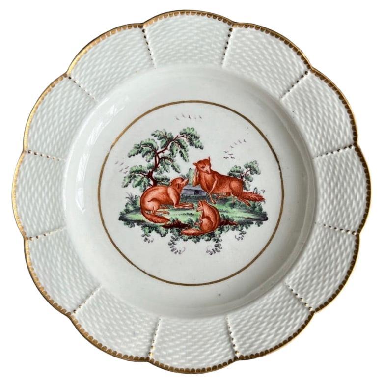 Worcester Porcelain Deep Plate, Aesop Fable Three Foxes, ca 1780 For Sale