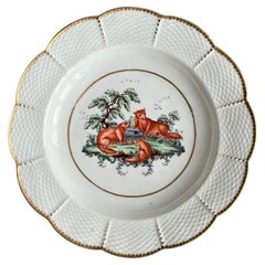 Used Worcester Porcelain Deep Plate, Aesop Fable Three Foxes, ca 1780
