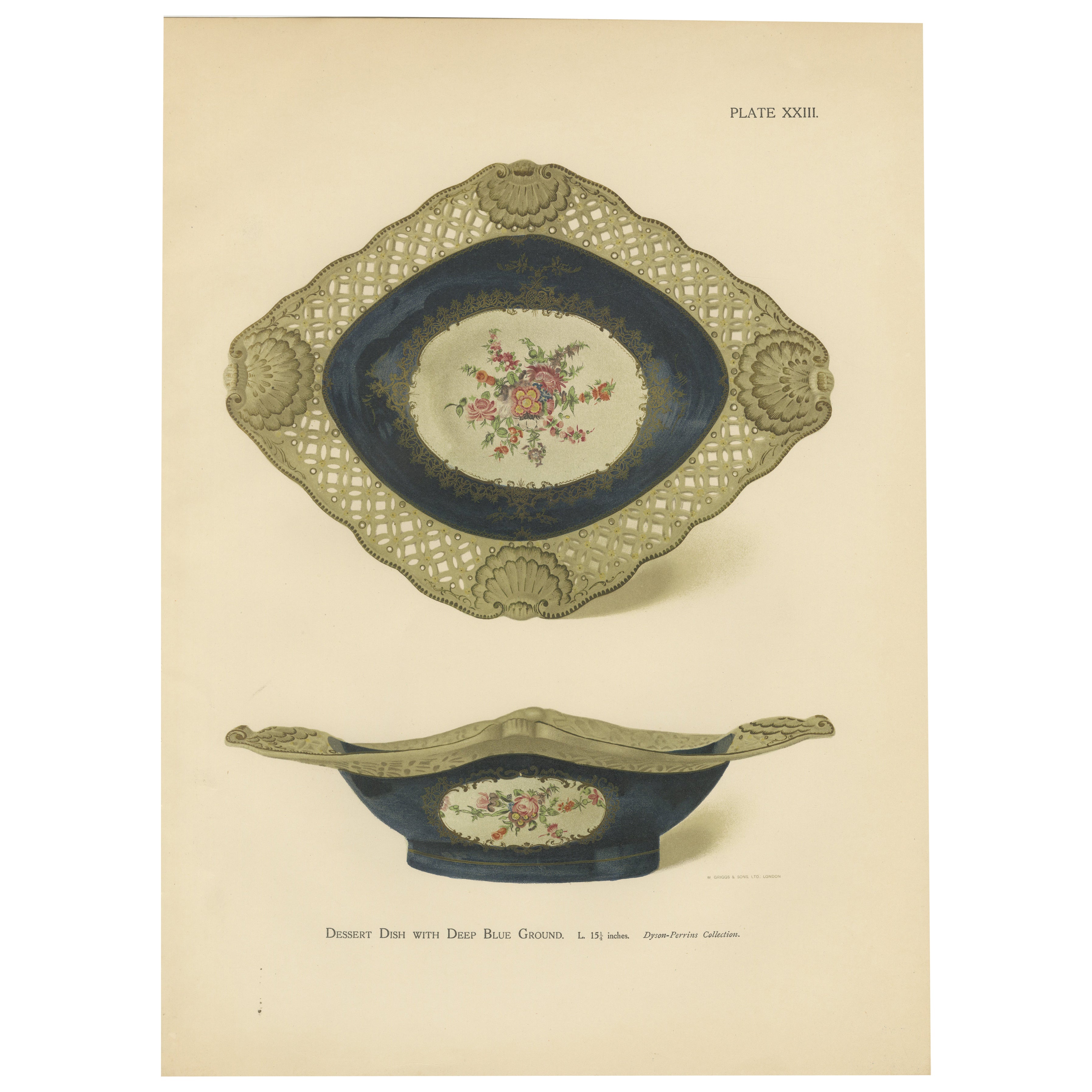 Worcester Porcelain Dessert Dish Design, Deep Blue Ground with Pierced Rim, 1910