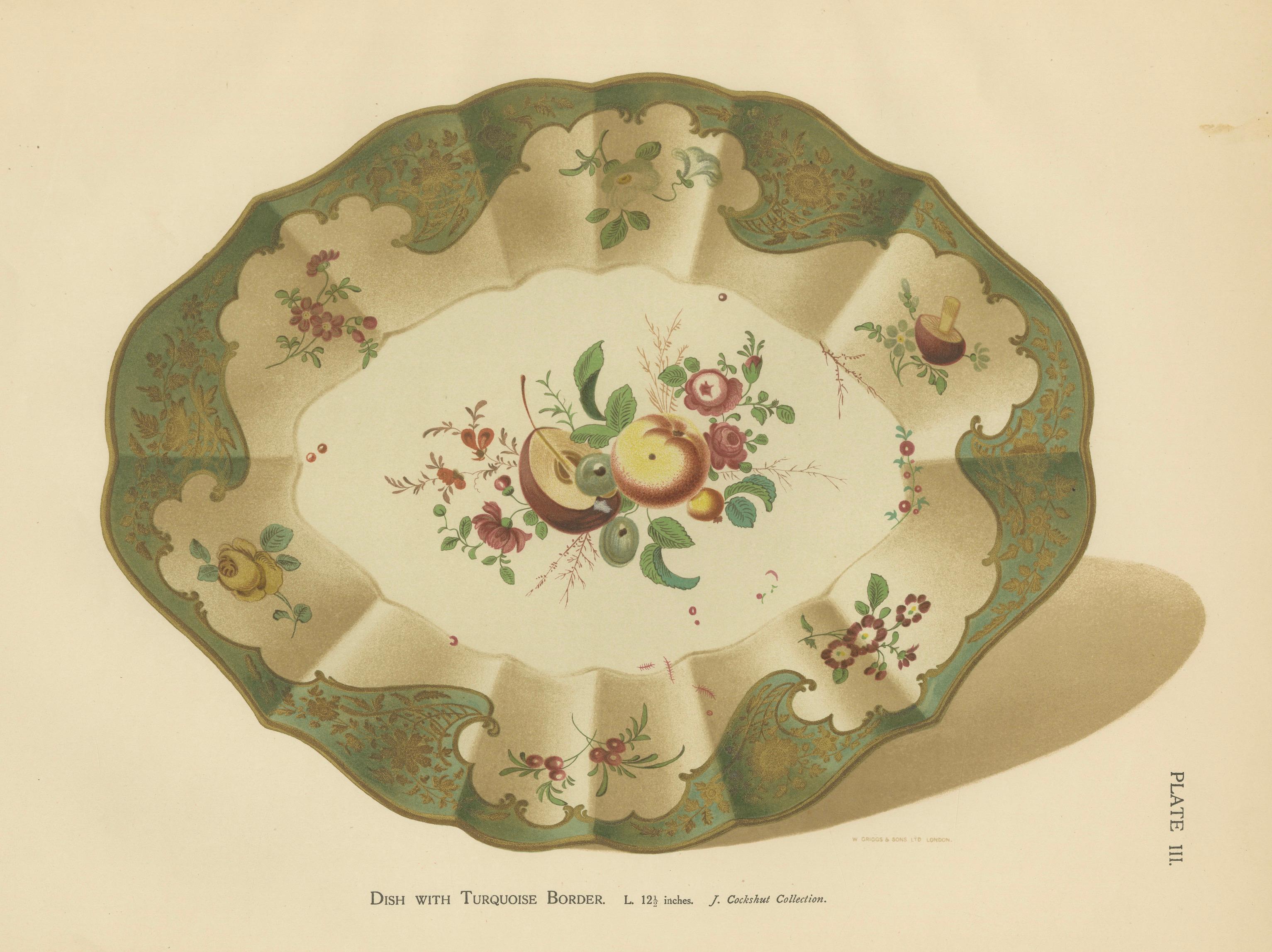 Worcester Porcelain Dish Design with Turquoise Border, Gold Decor, 1910