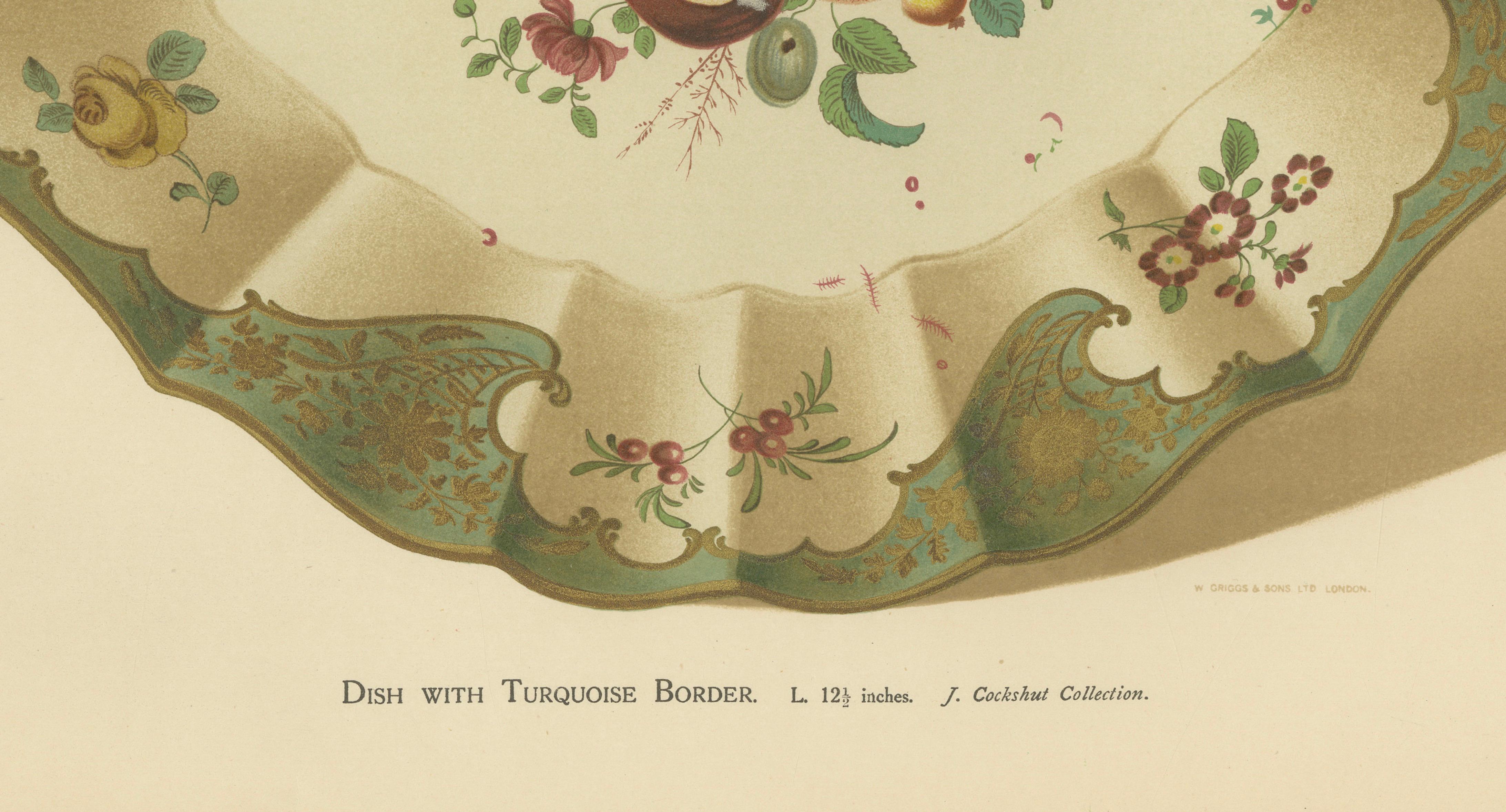 Worcester Porcelain Dish Design with Turquoise Border, Gold Decor, 1910