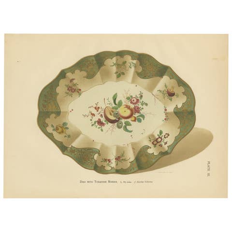 Worcester Porcelain Dish Design with Turquoise Border, Gold Decor, 1910