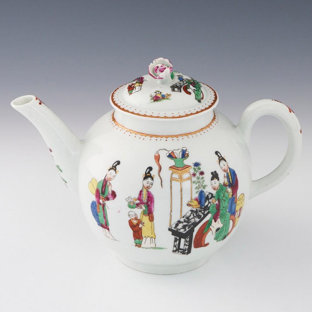Heading : Worcester Porcelain First Period 'Chinese Family' Pattern Teapot and Stand circa 1770.
Date : 1770
Period : George III
Marks : Cursive Script W to base in underglaze blue
Origin : Worcester, England
Colour : Polychrome enamels and