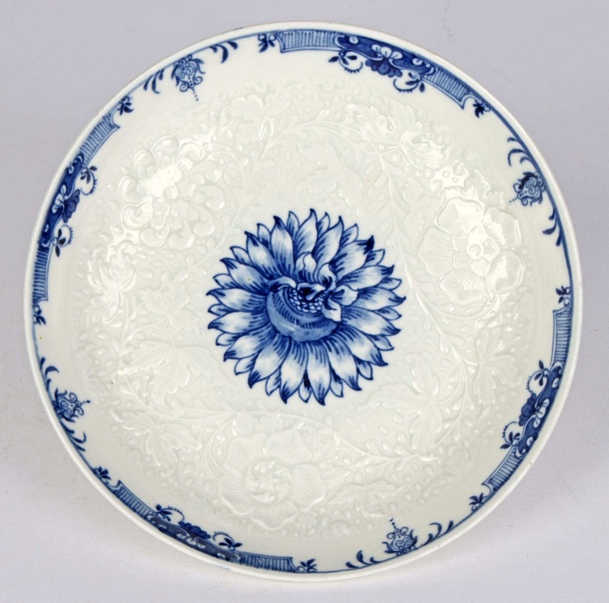 Worcester Porcelain Floral Embossed Chrysanthemum Blue & White Dish 7