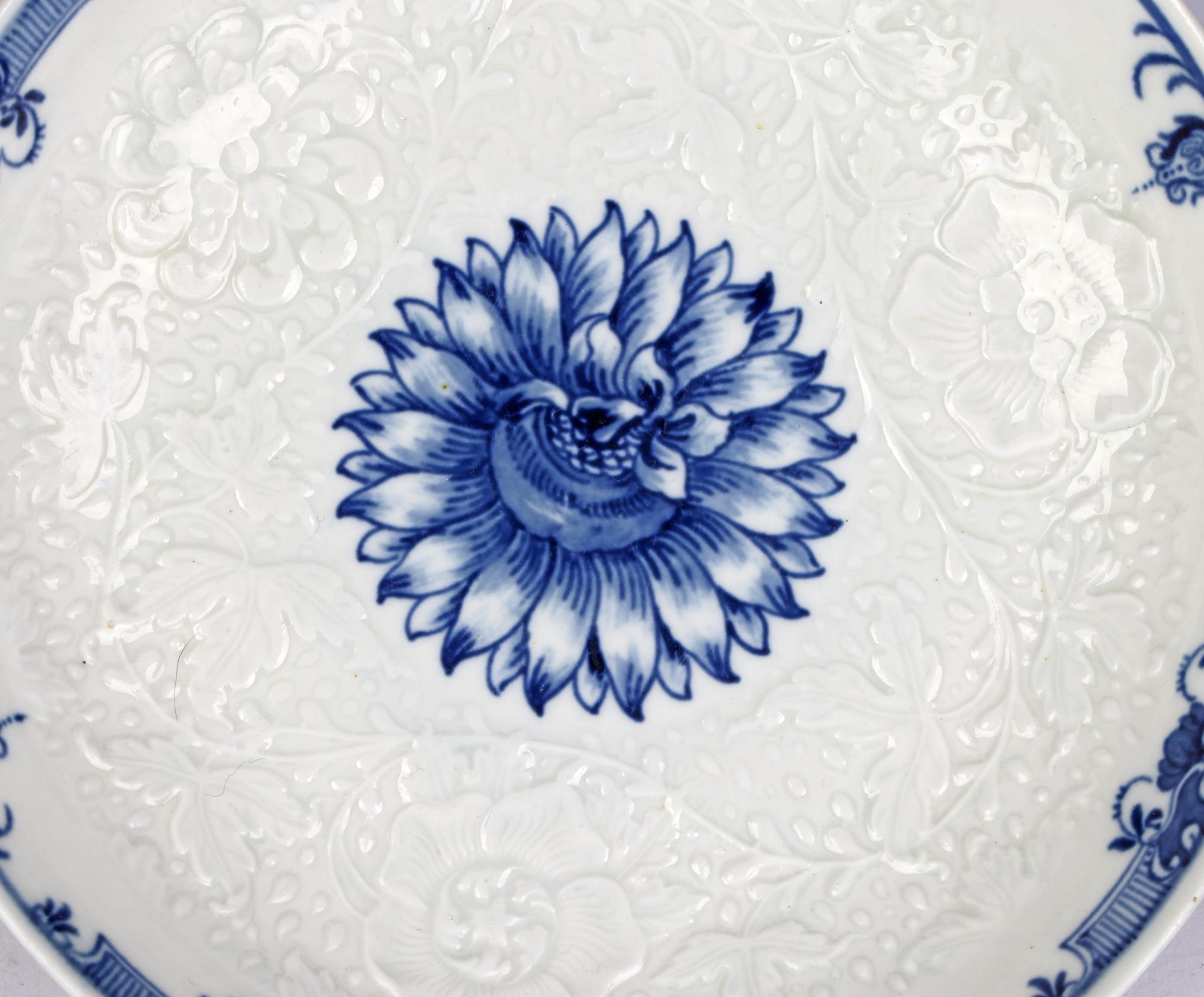 Worcester Porcelain Floral Embossed Chrysanthemum Blue & White Dish 9