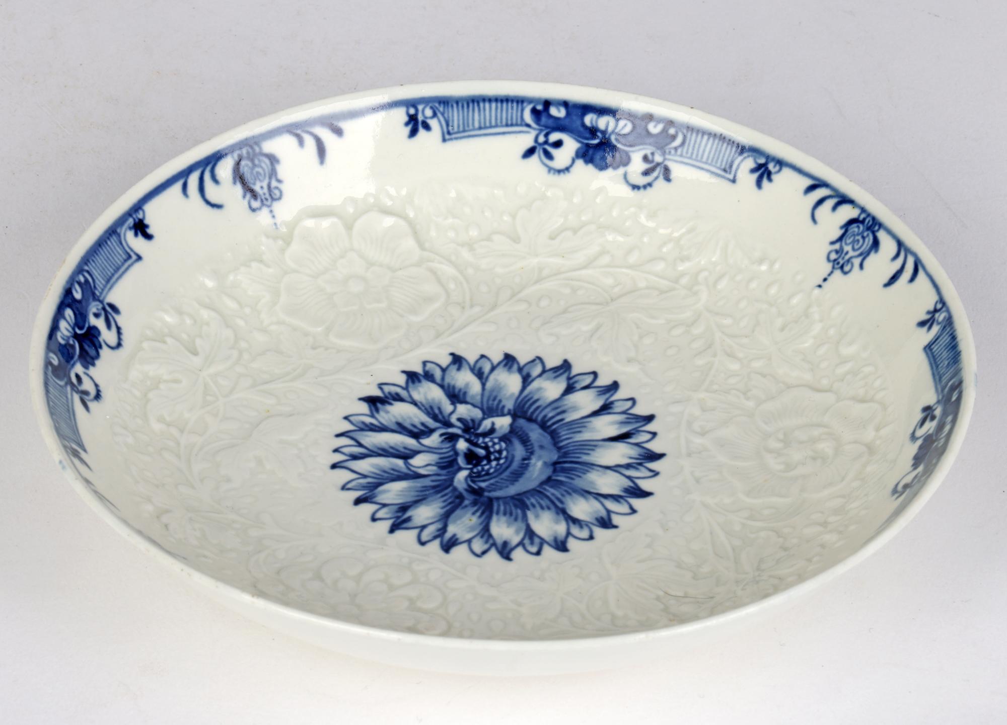 English Worcester Porcelain Floral Embossed Chrysanthemum Blue & White Dish
