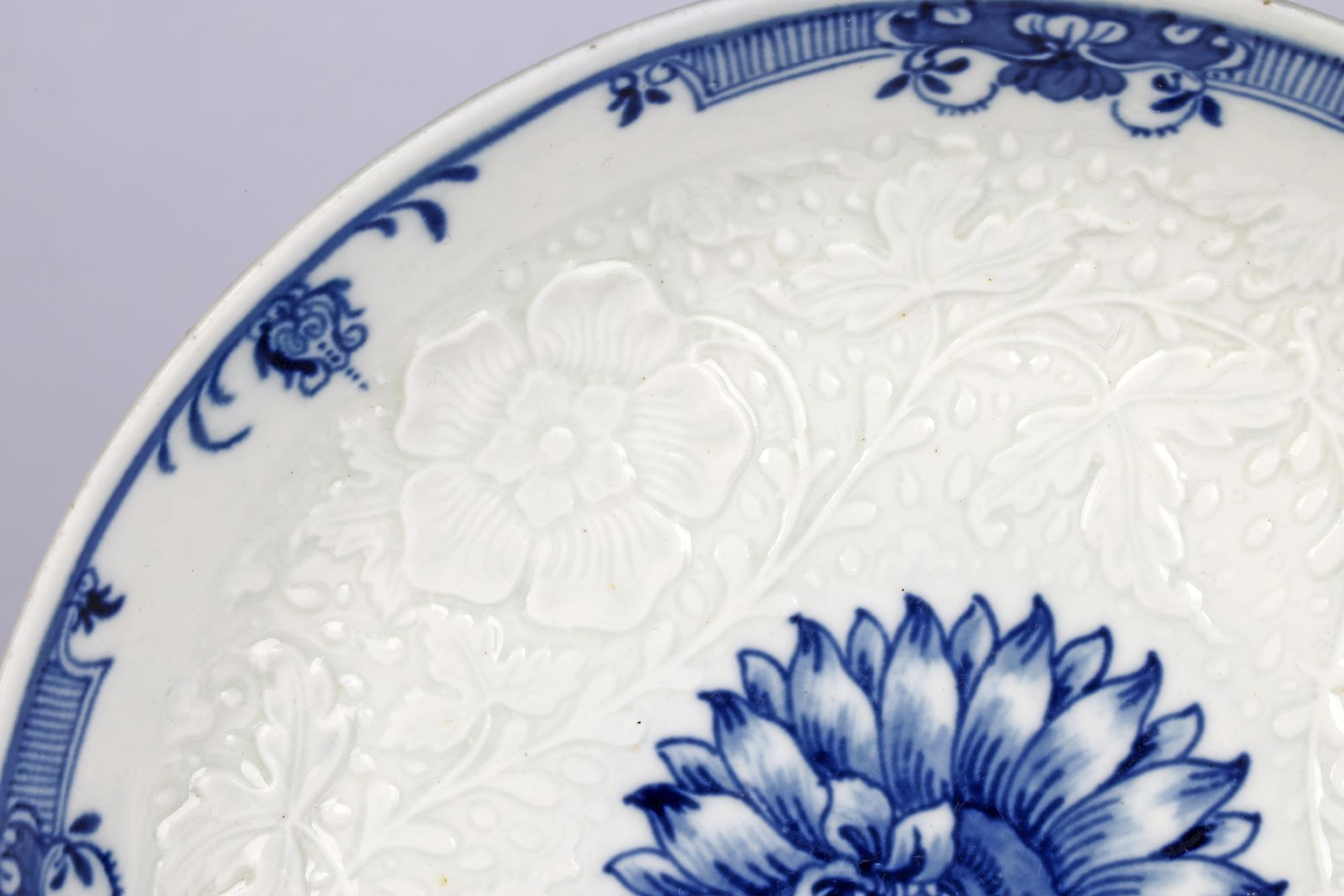 Molded Worcester Porcelain Floral Embossed Chrysanthemum Blue & White Dish