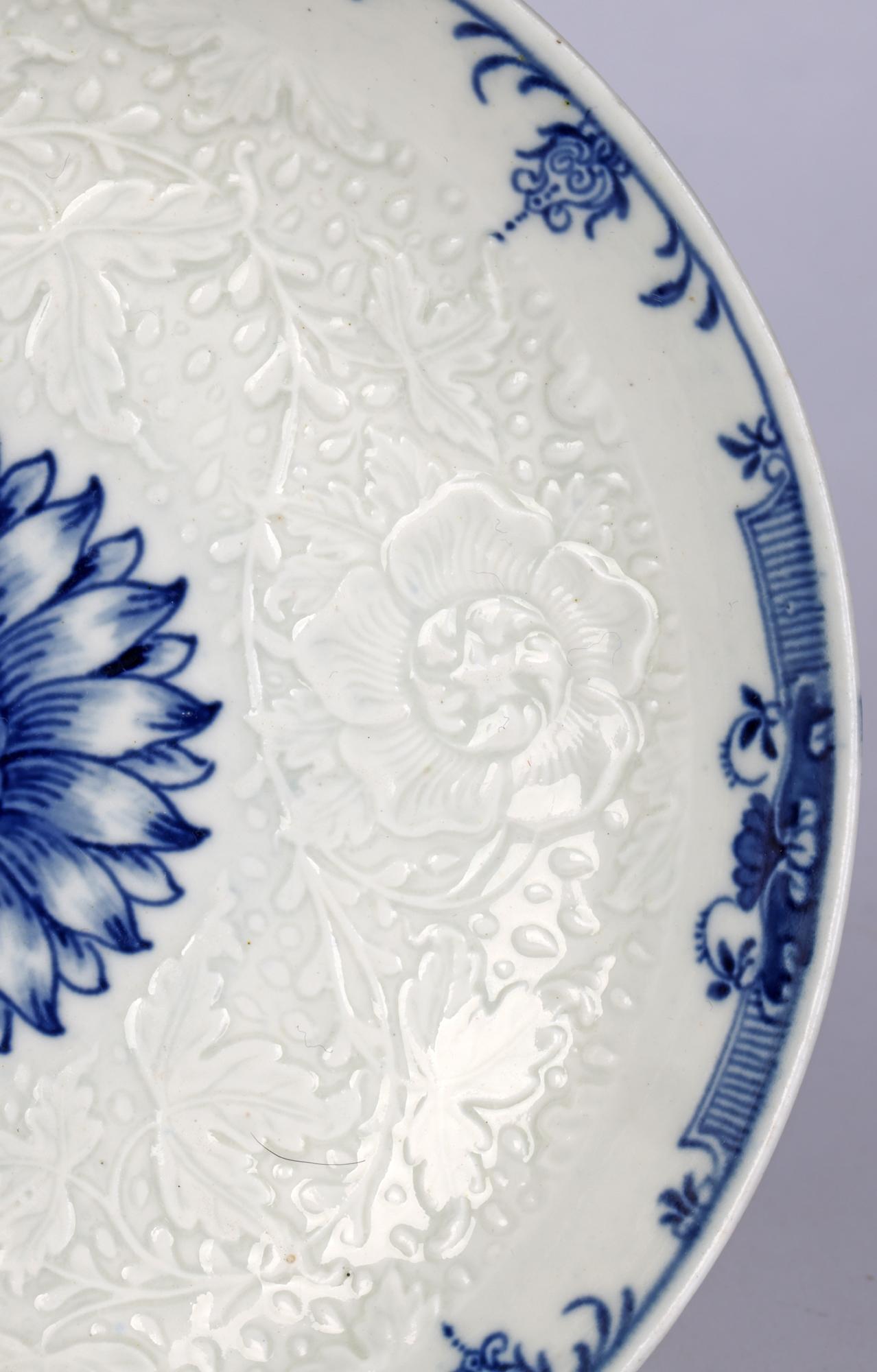 18th Century Worcester Porcelain Floral Embossed Chrysanthemum Blue & White Dish