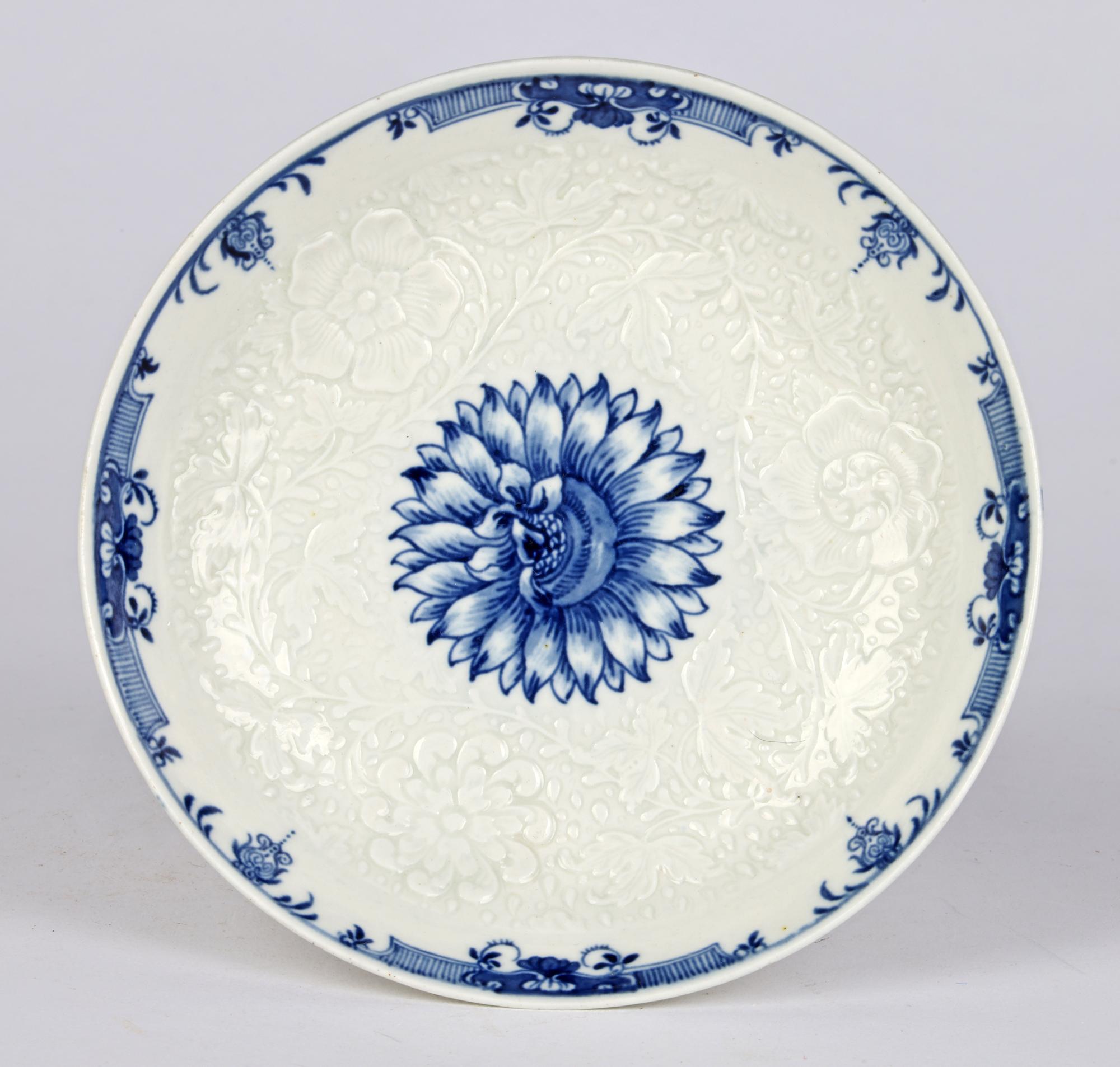 Worcester Porcelain Floral Embossed Chrysanthemum Blue & White Dish 1