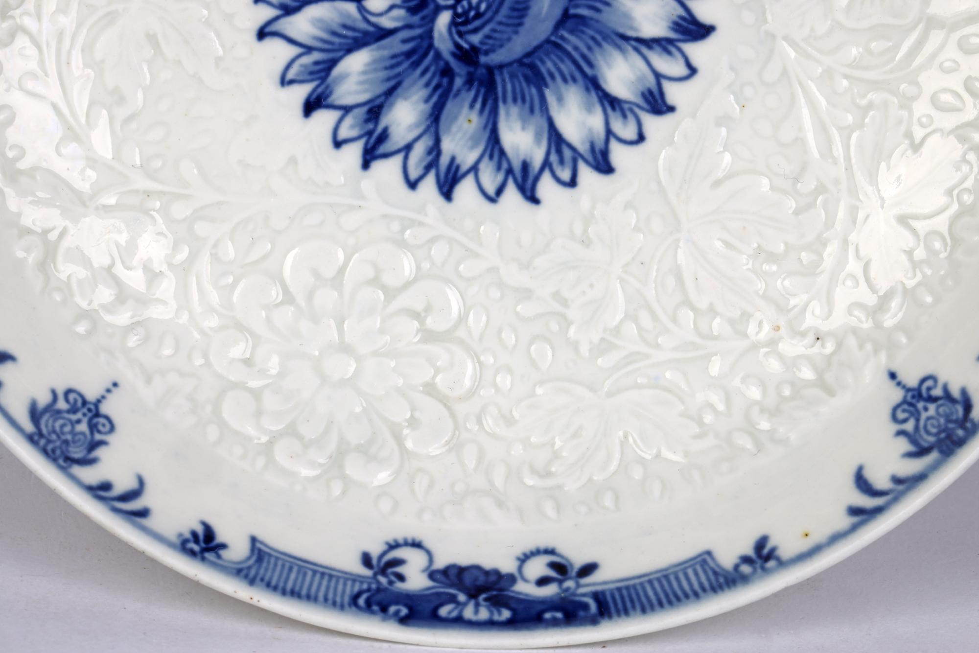 Worcester Porcelain Floral Embossed Chrysanthemum Blue & White Dish 2
