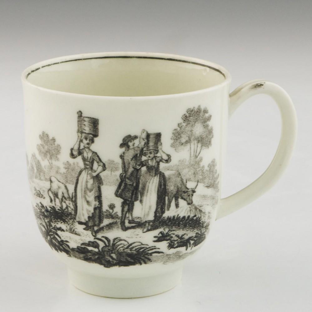 Worcester Porcelain Milkmaids Pattern Coffee Cup and Saucer, circa 1770 In Good Condition For Sale In Tunbridge Wells, GB