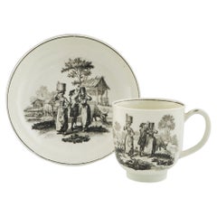 Tazza da caffè e piattino in porcellana di Worcester con motivo Milkmaids, 1770 circa