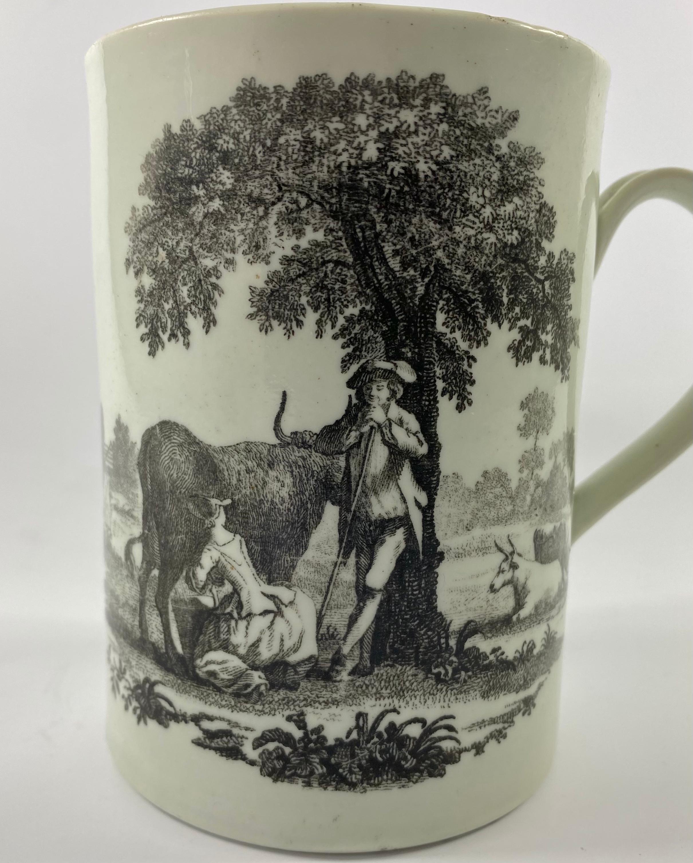 Georgian Worcester Porcelain Printed Mug, Rural Lovers, c. 1765