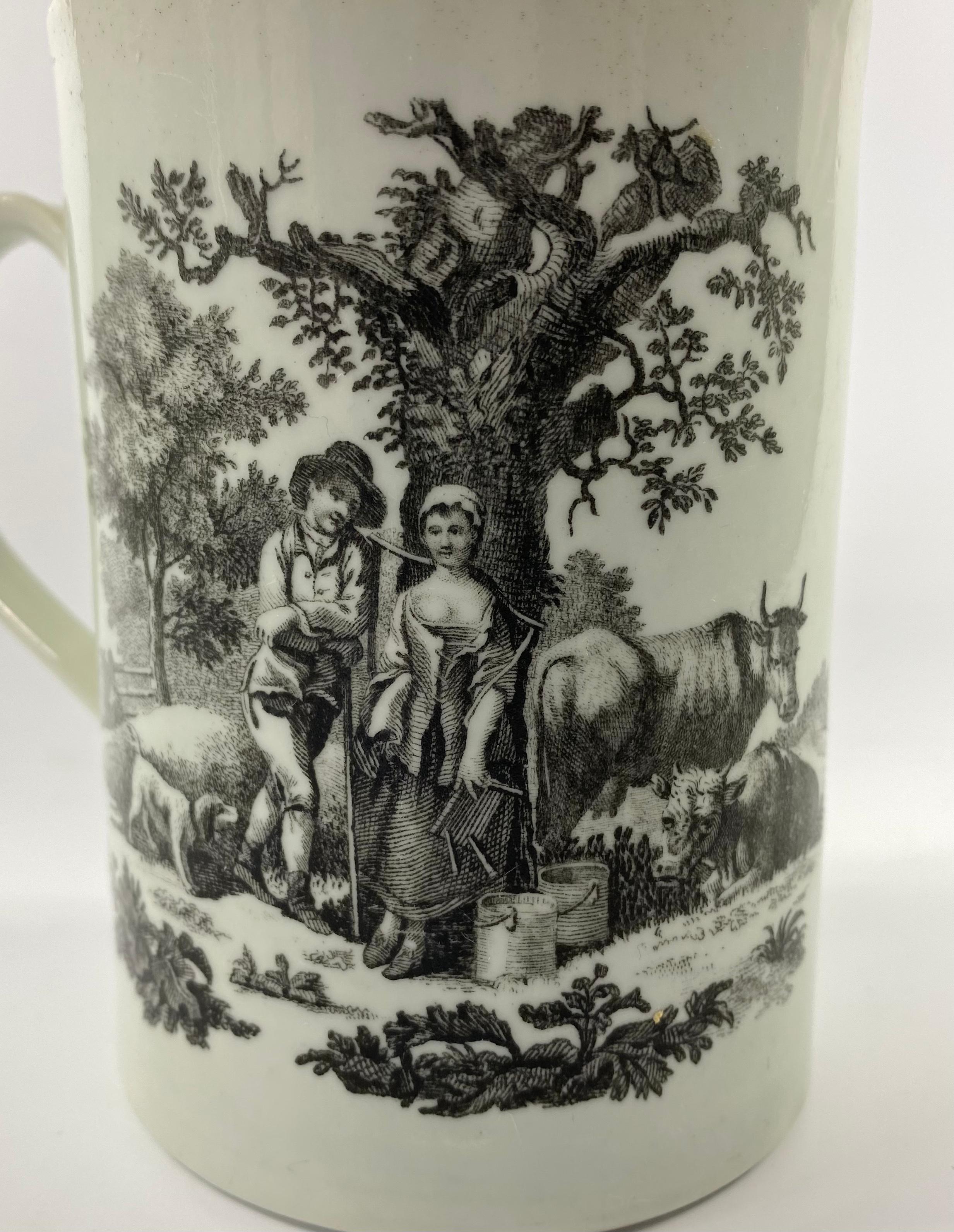 English Worcester Porcelain Printed Mug, Rural Lovers, c. 1765