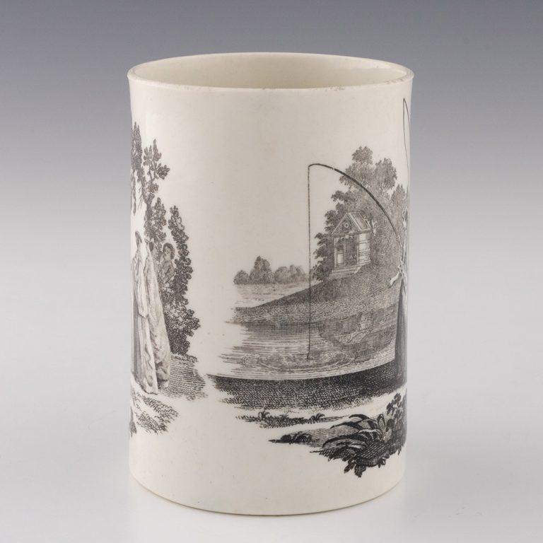 Worcester-Porzellan Robert Hancock Mug Whitton Anglers um 1765 (Britisch) im Angebot