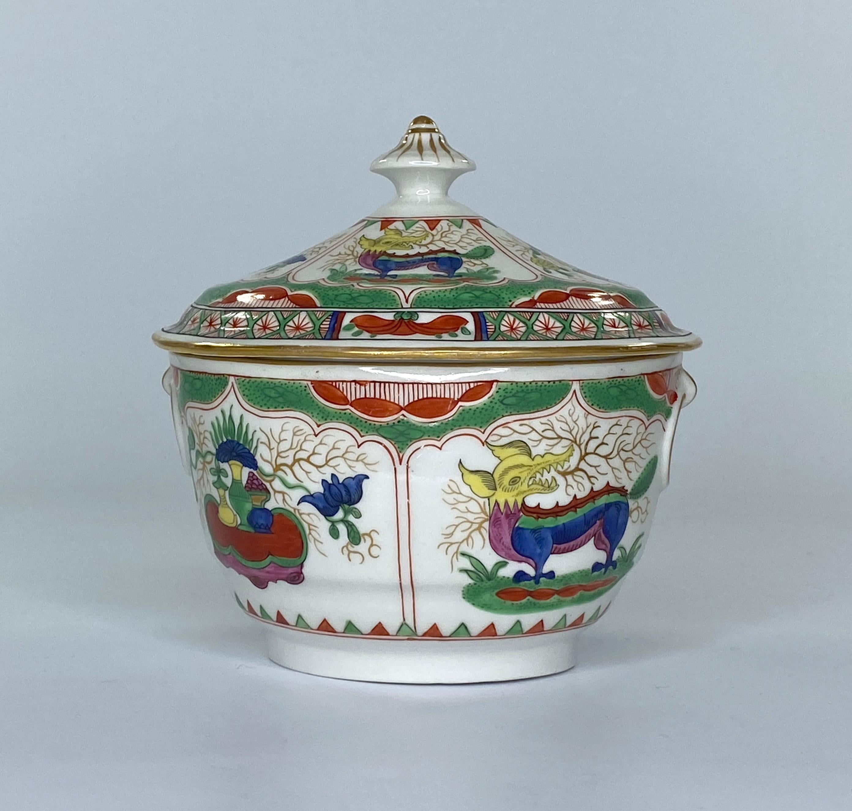 English Worcester Porcelain Sucrier, Dragons in Compartments, Barr Period, c. 1795