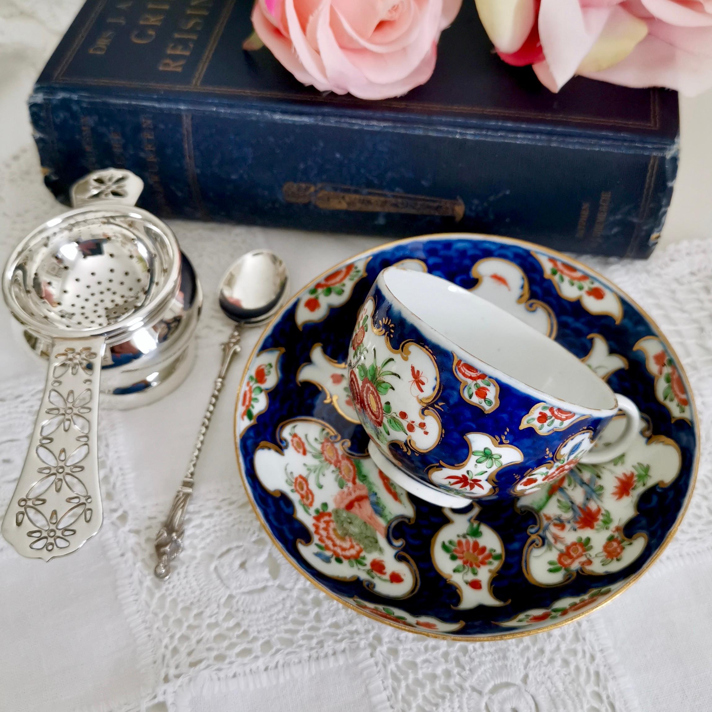 This is a rare and beautiful teacup and saucer made by Worcester circa 1765 in their First or the 