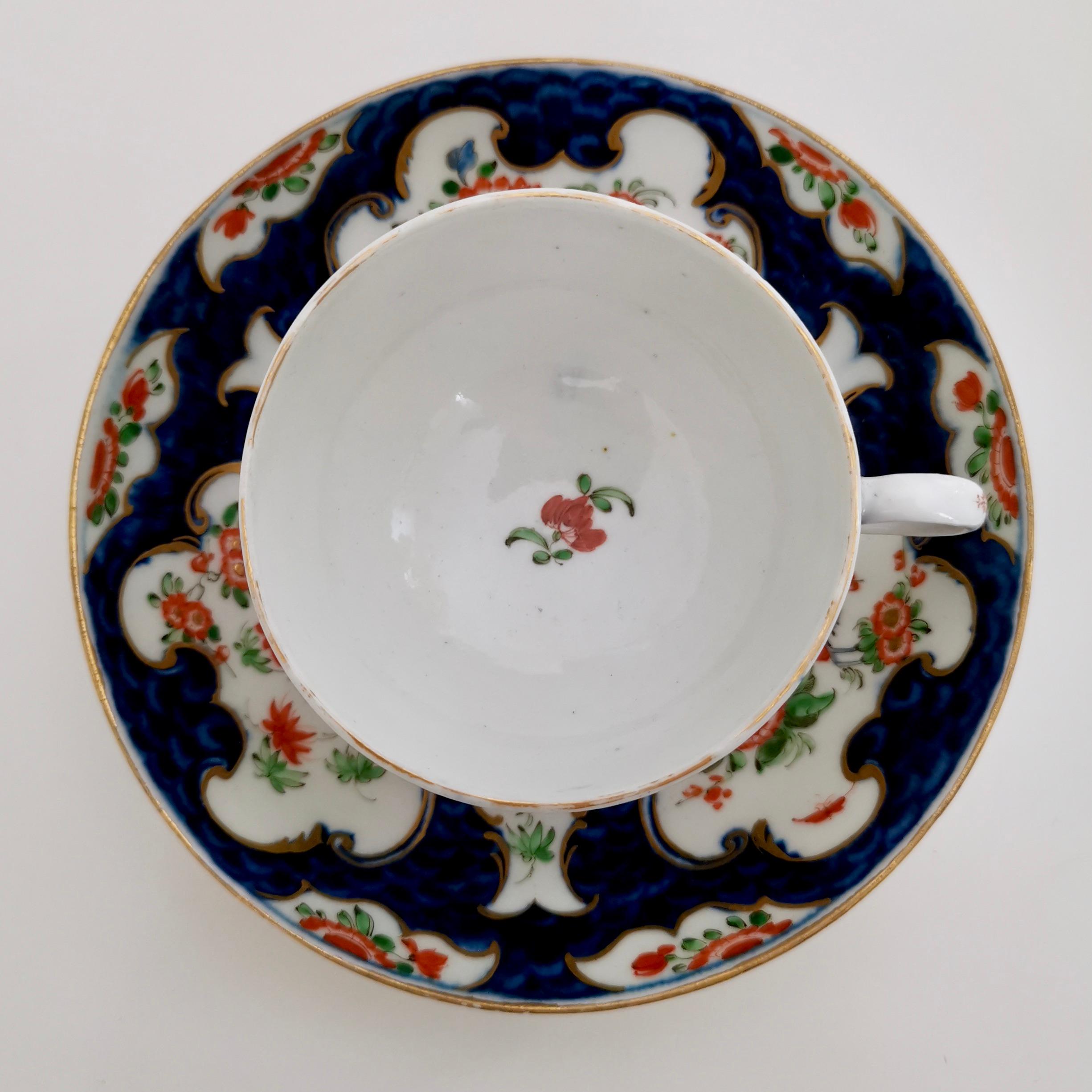 English Worcester Porcelain Teacup, Blue Scale Japanese Kakiemon, 1st Period circa 1765