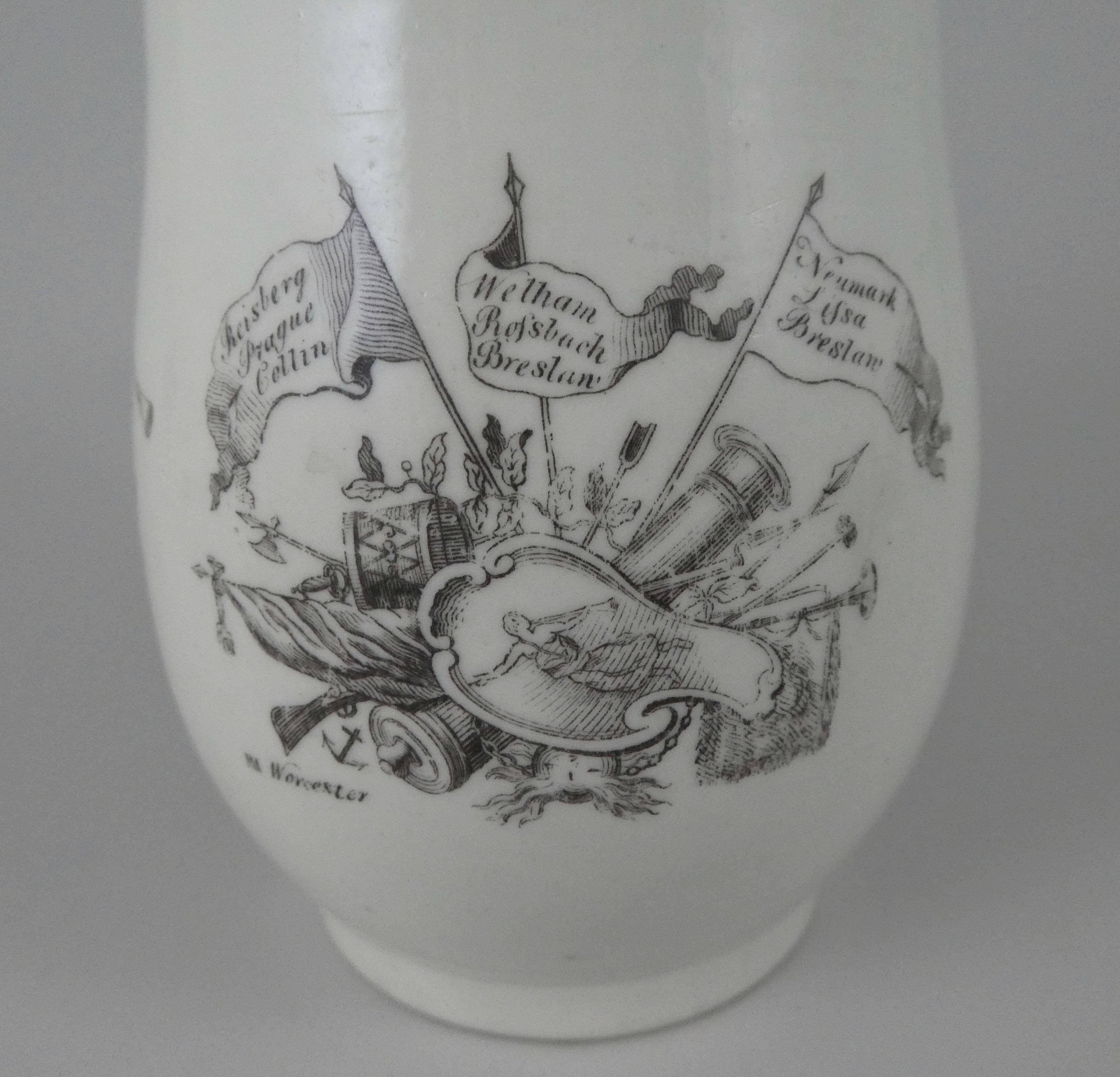 English Worcester Printed King of Prussia Mug, Dated 1757