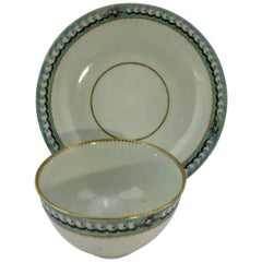 Worcester Tea Bowl and Saucer, Turquoise Border with Pearls, circa 1770