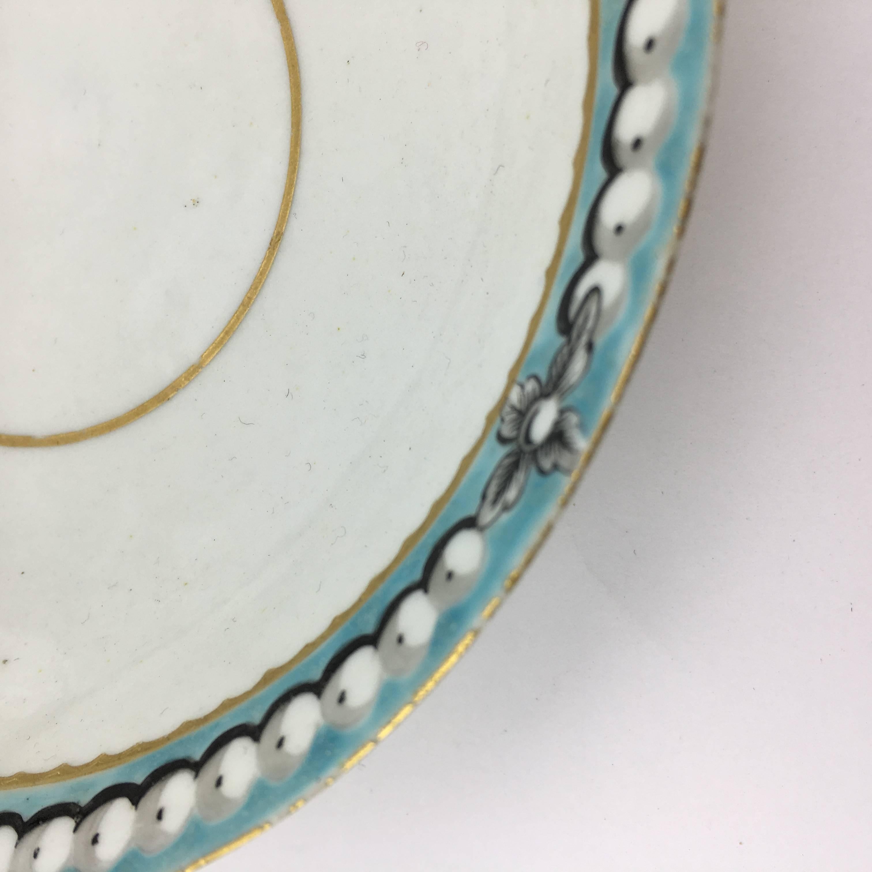 English Worcester Tea Bowl and Saucer, Turquoise Border with Pearls, circa 1770 For Sale