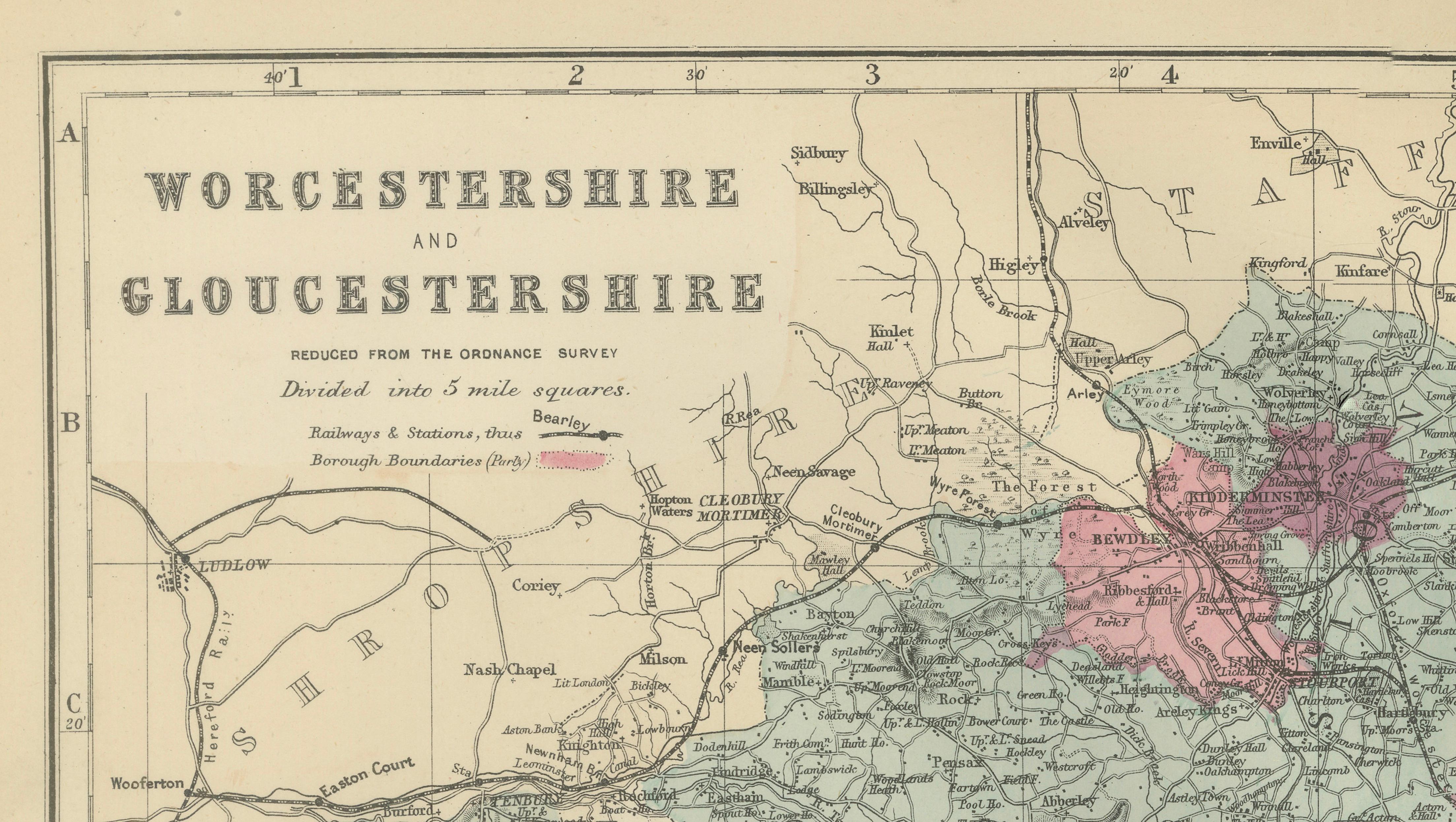 Worcestershire & Gloucestershire County Map – Weller, Victorian England 1885
