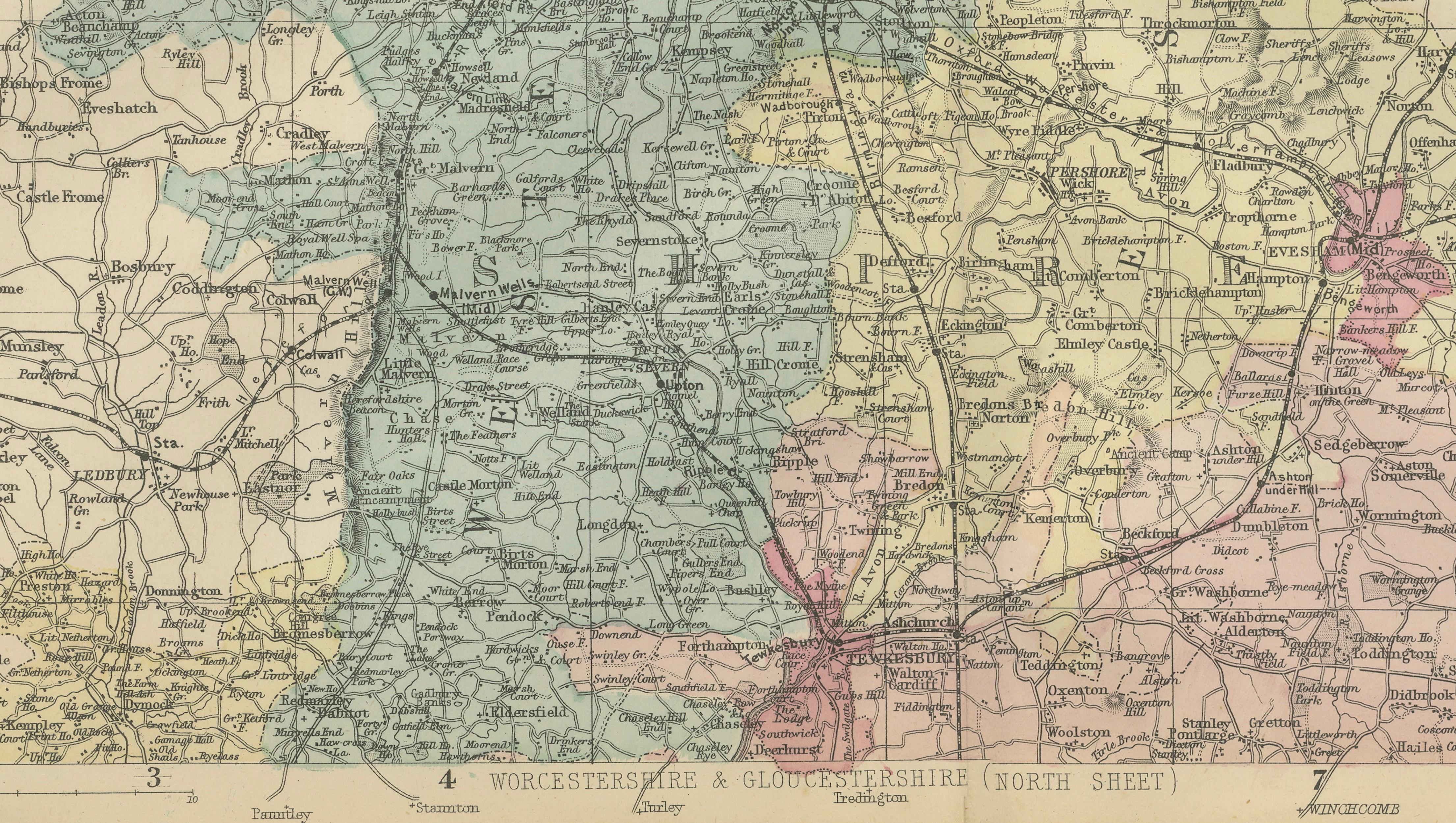 Worcestershire & Gloucestershire County Map – Weller, Victorian England 1885