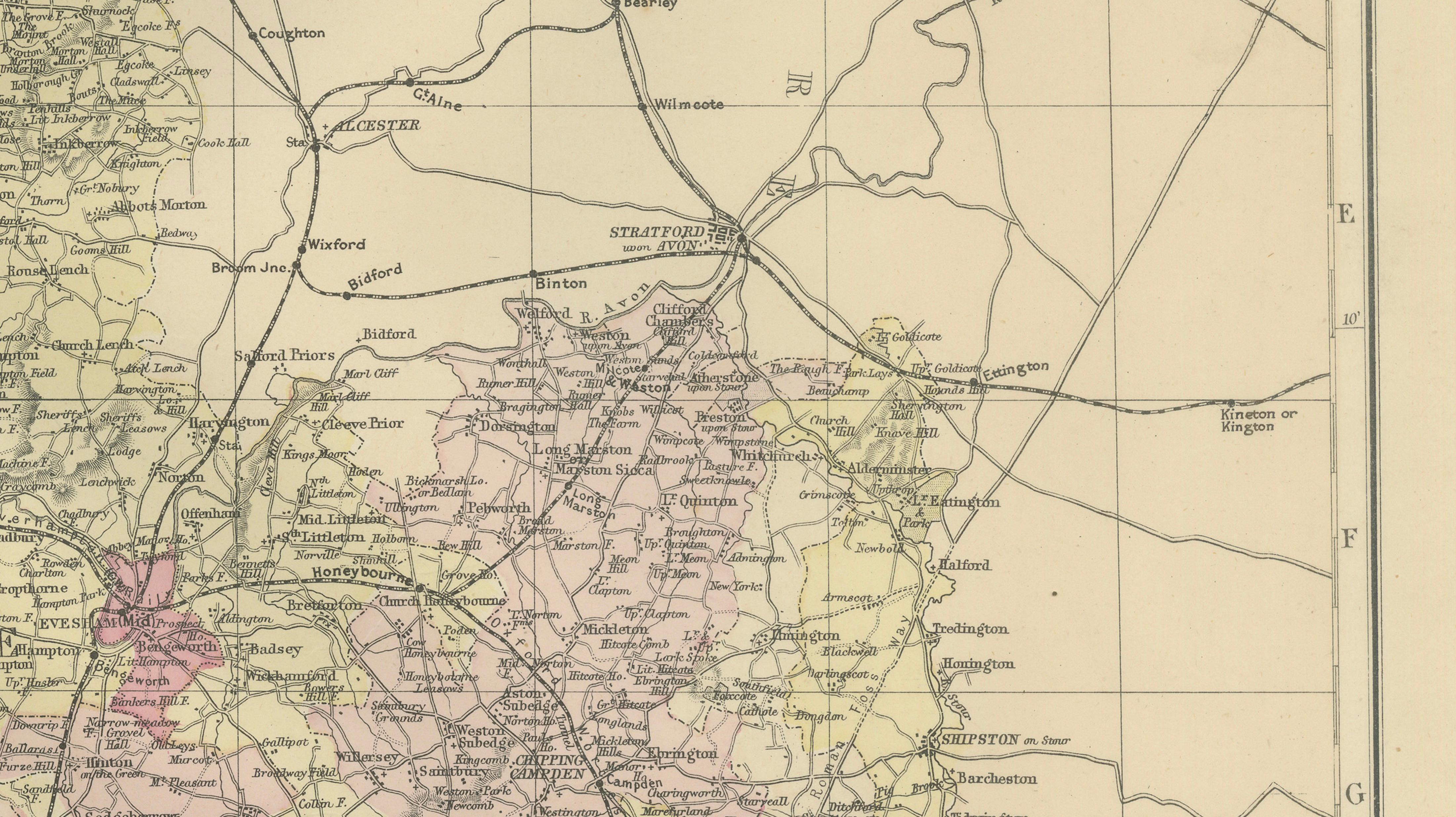 Worcestershire & Gloucestershire County Map – Weller, Victorian England 1885