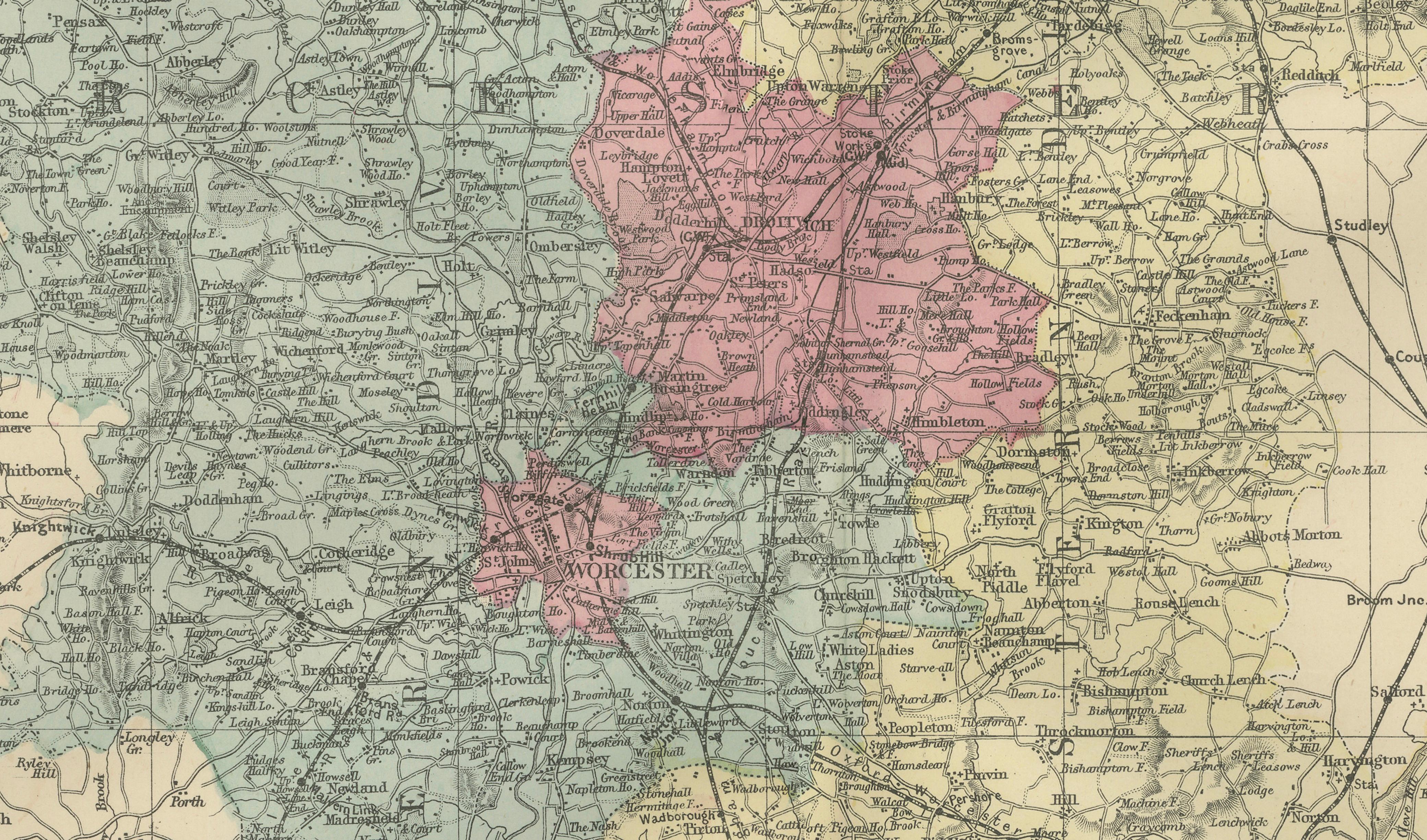Worcestershire & Gloucestershire County Map – Weller, Victorian England 1885