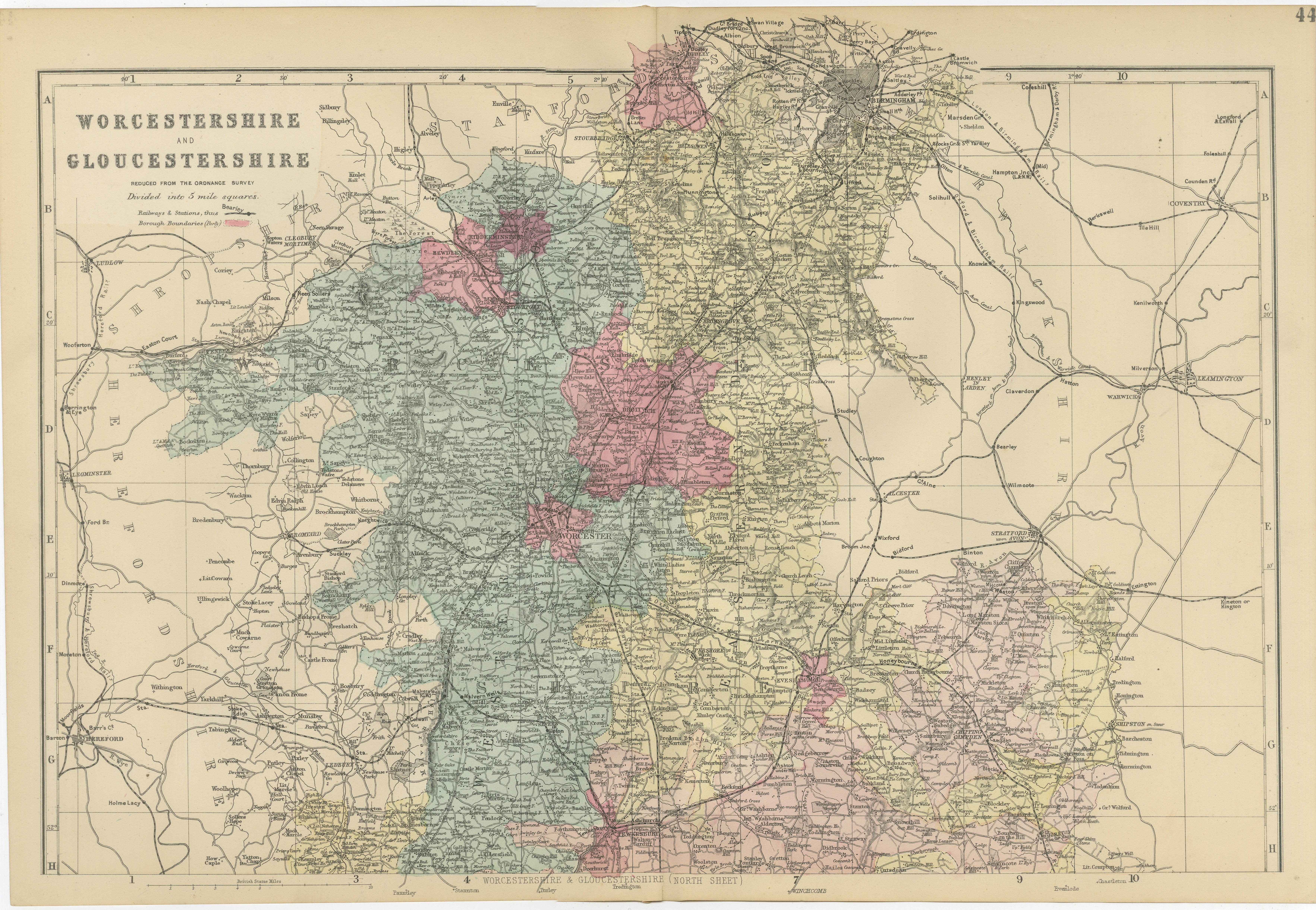 Worcestershire & Gloucestershire County Map – Weller, Victorian England 1885