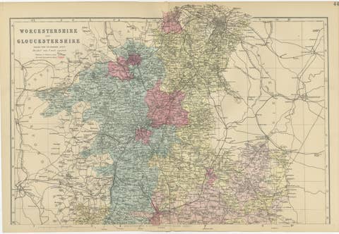 Worcestershire & Gloucestershire County Map – Weller, Victorian England 1885