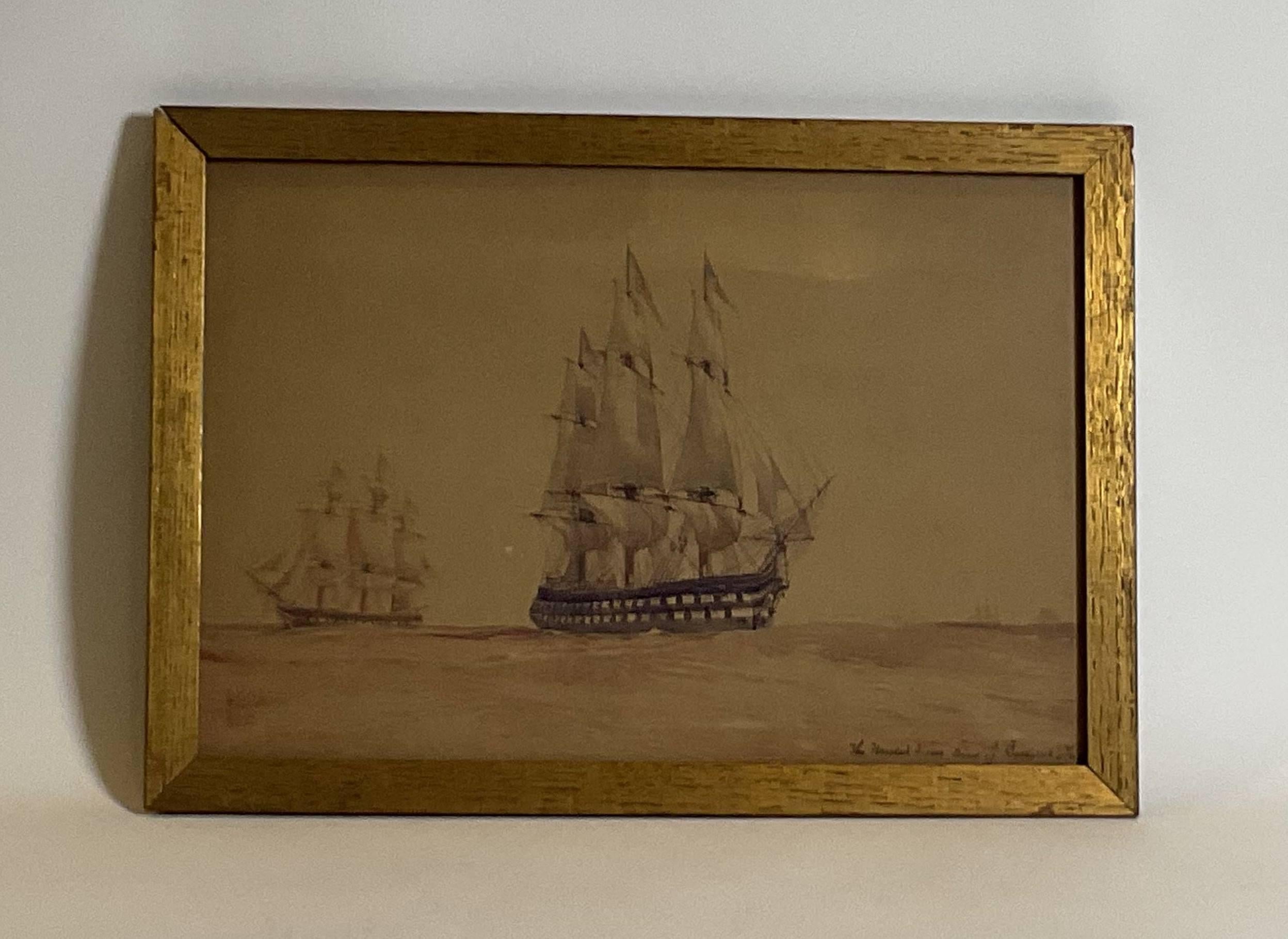 Aquarell des berühmten Künstlers Worden Wood aus dem Jahr 1912, das das Linienschiff Ohio der US-Marine zeigt. Die Fregatte mit 74 Kanonen, obwohl sie bis zu 104 Kanonen trug, lief 1820 in der Marinewerft von Brooklyn vom Stapel. 1838 schloss sie